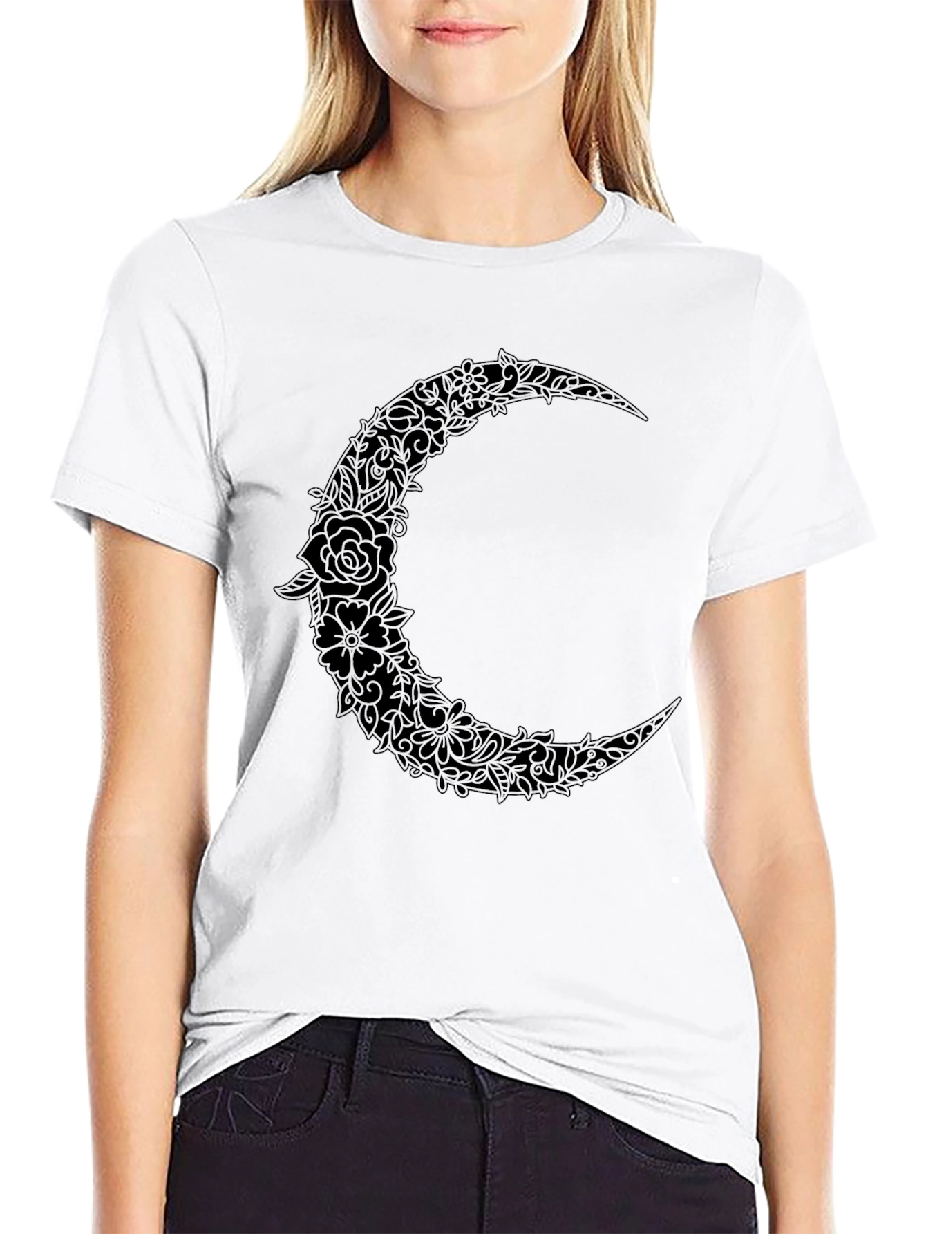 Black Floral Crescent Moon Graphic Black T-Shirt view 9