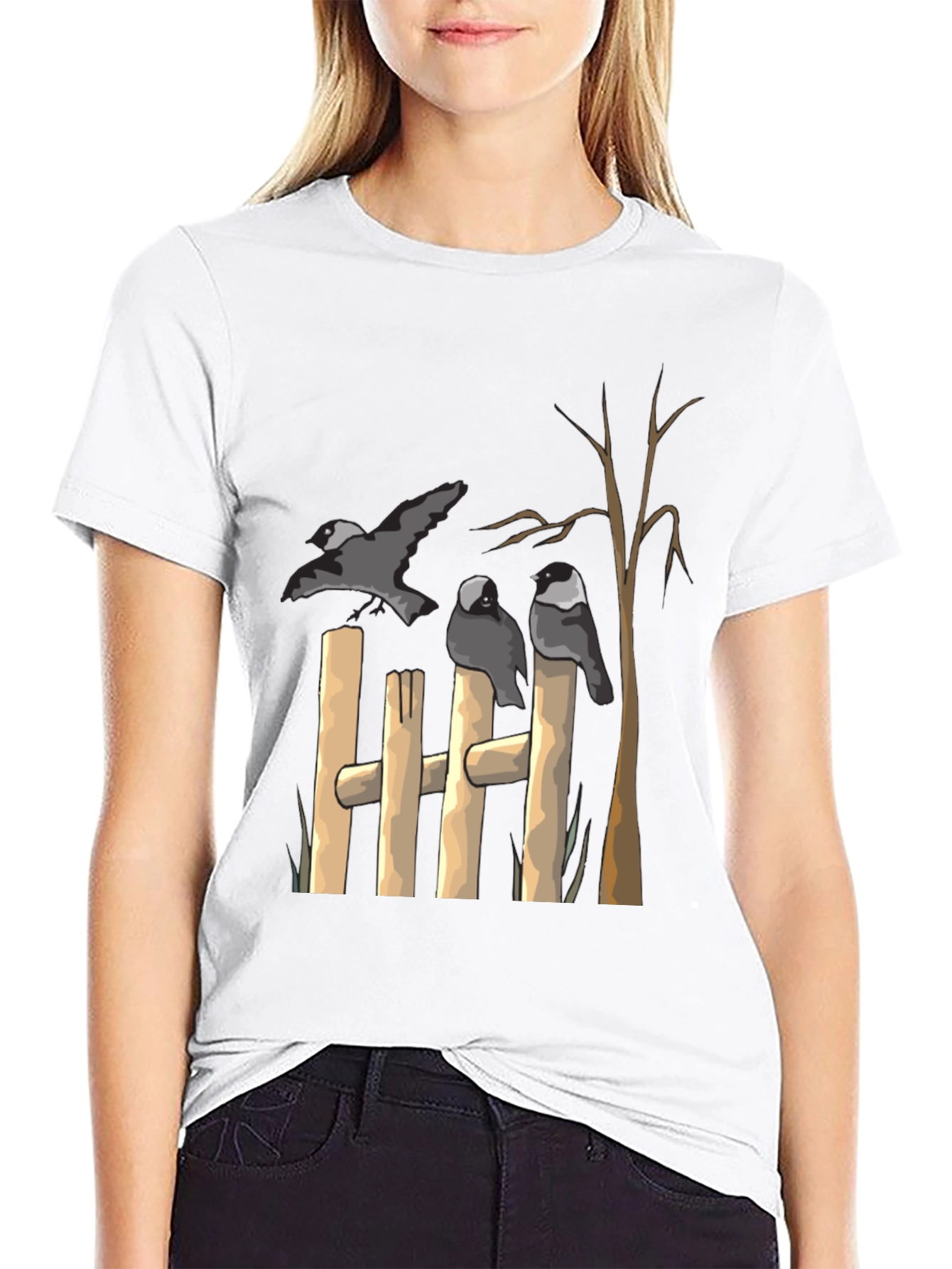 Black Birds on Fence Graphic Black T-Shirt view 9