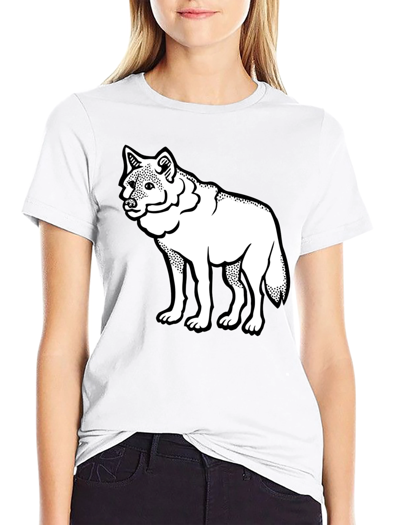 Black Black T-Shirt with White Wolf Graphic Print view 9