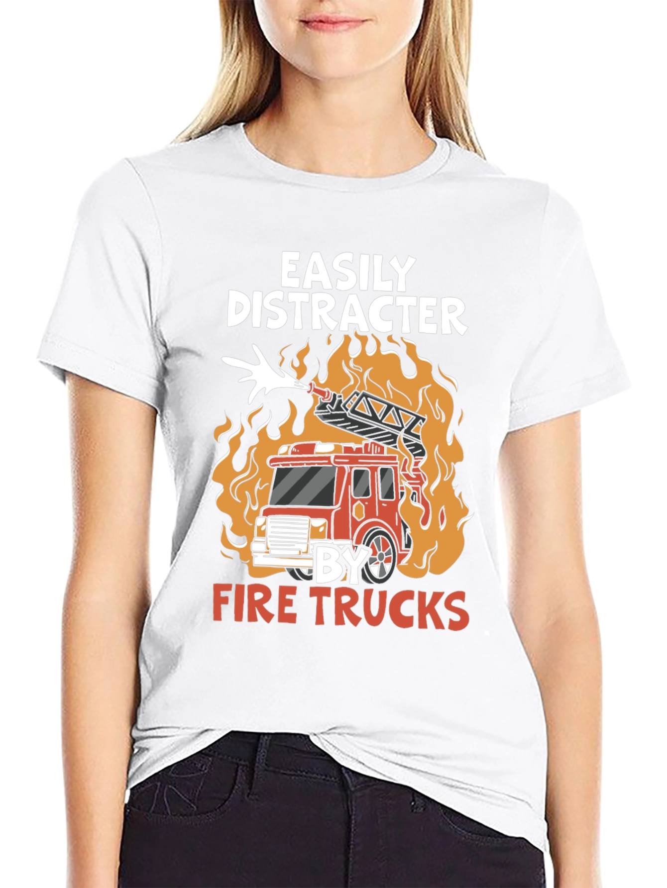 Black Easily Distracted By Fire Trucks T-Shirt view 9