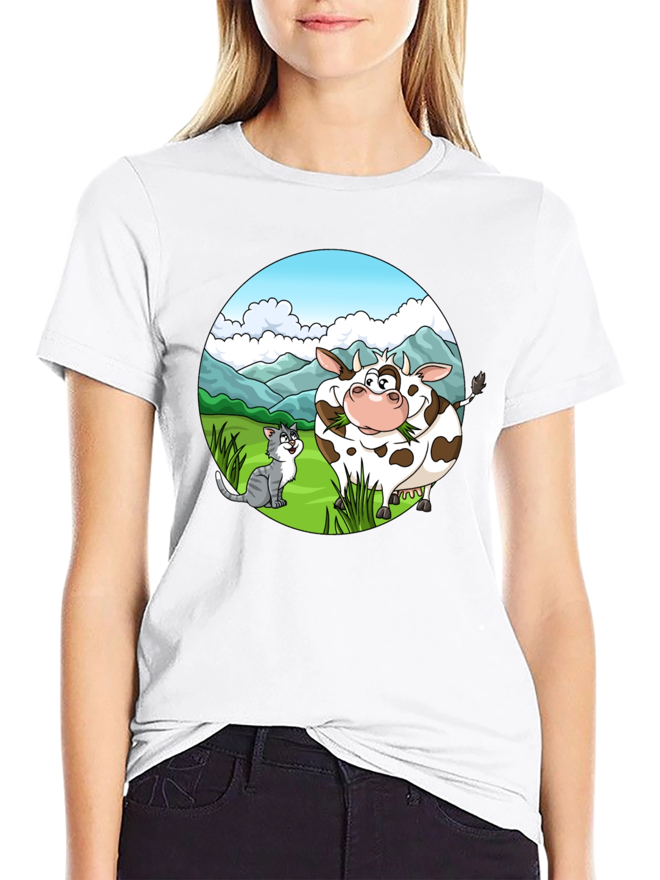 Black Cartoon Cow and Cat Graphic Black T-Shirt view 9