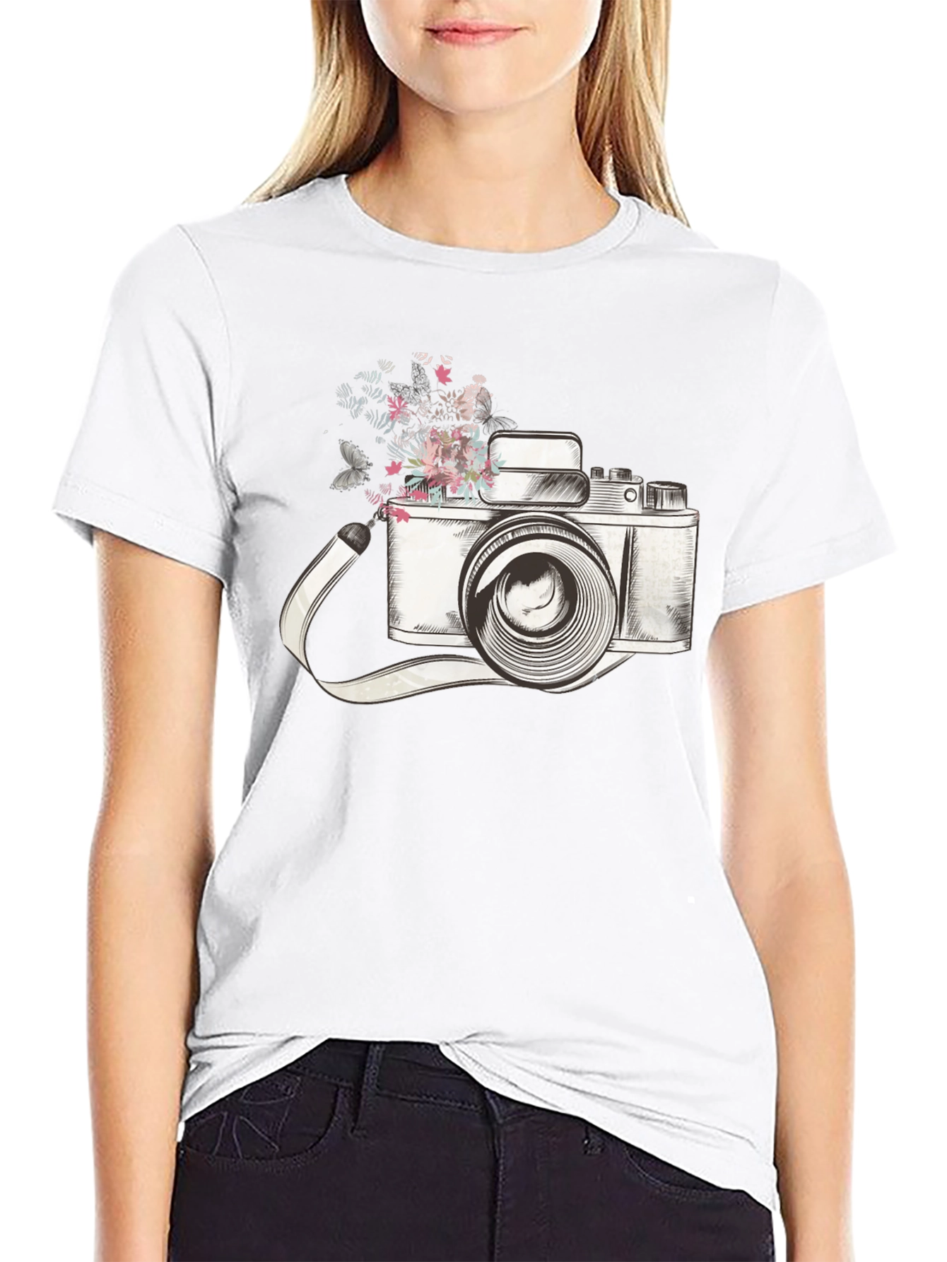 Black Floral Camera Graphic Tee - Trendy Unisex T-Shirt view 9