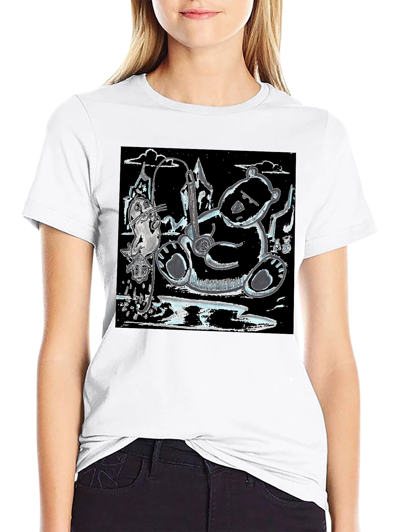 Black Unique Graphic Tee: Bear, Seal, and Musical Notes Art view 9