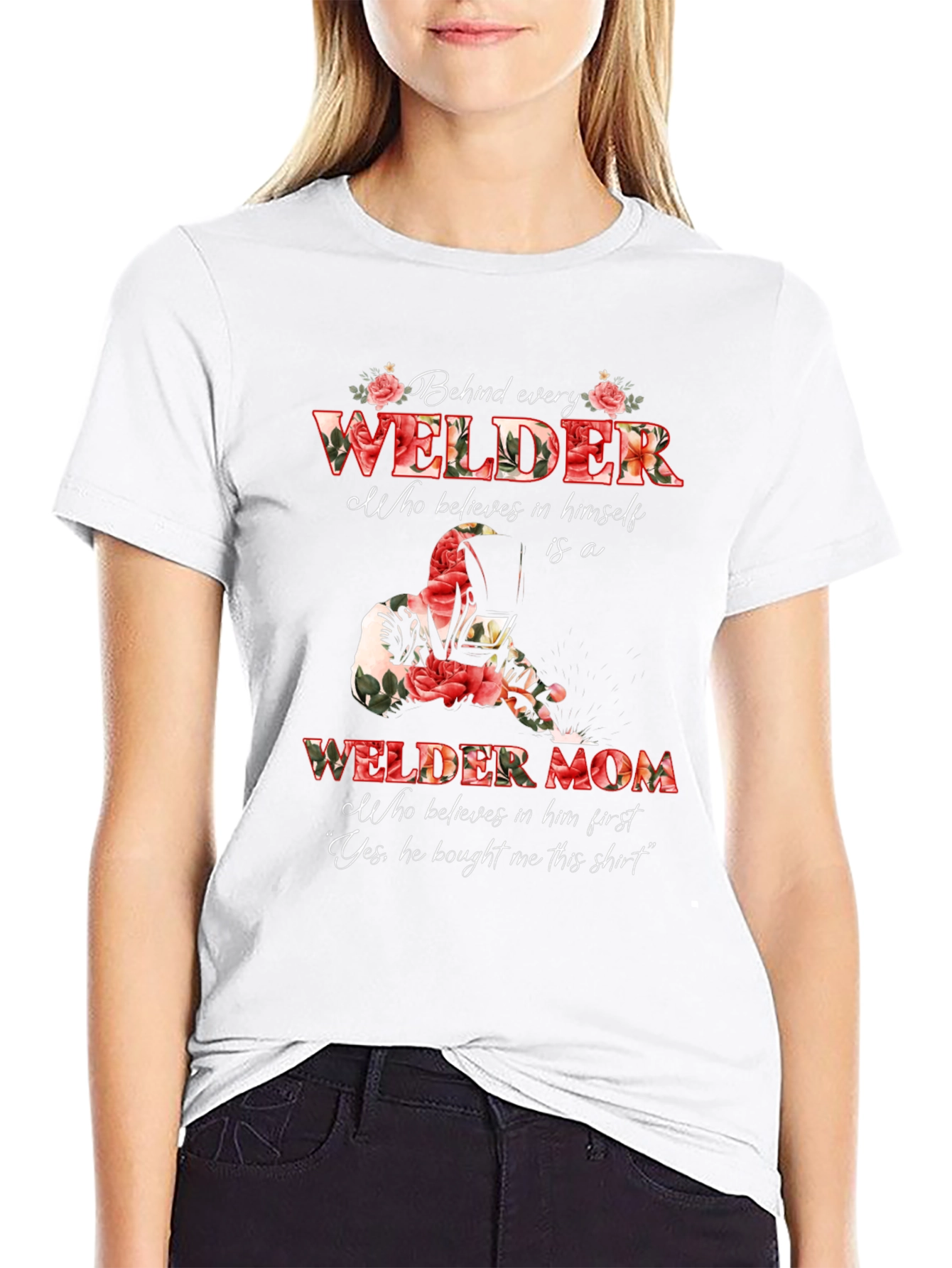 Black Welder Mom Graphic T-Shirt - Floral Design view 9