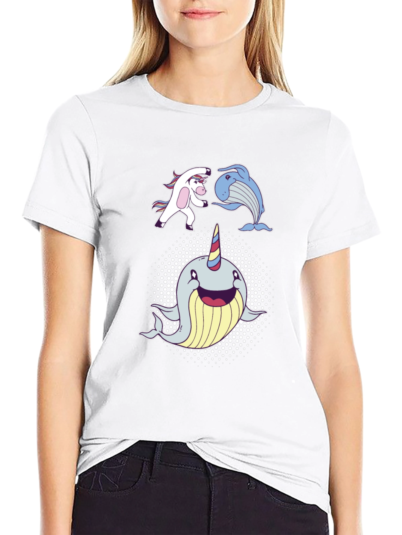Black Whimsical Unicorn, Whale, Narwhal T-Shirt view 9