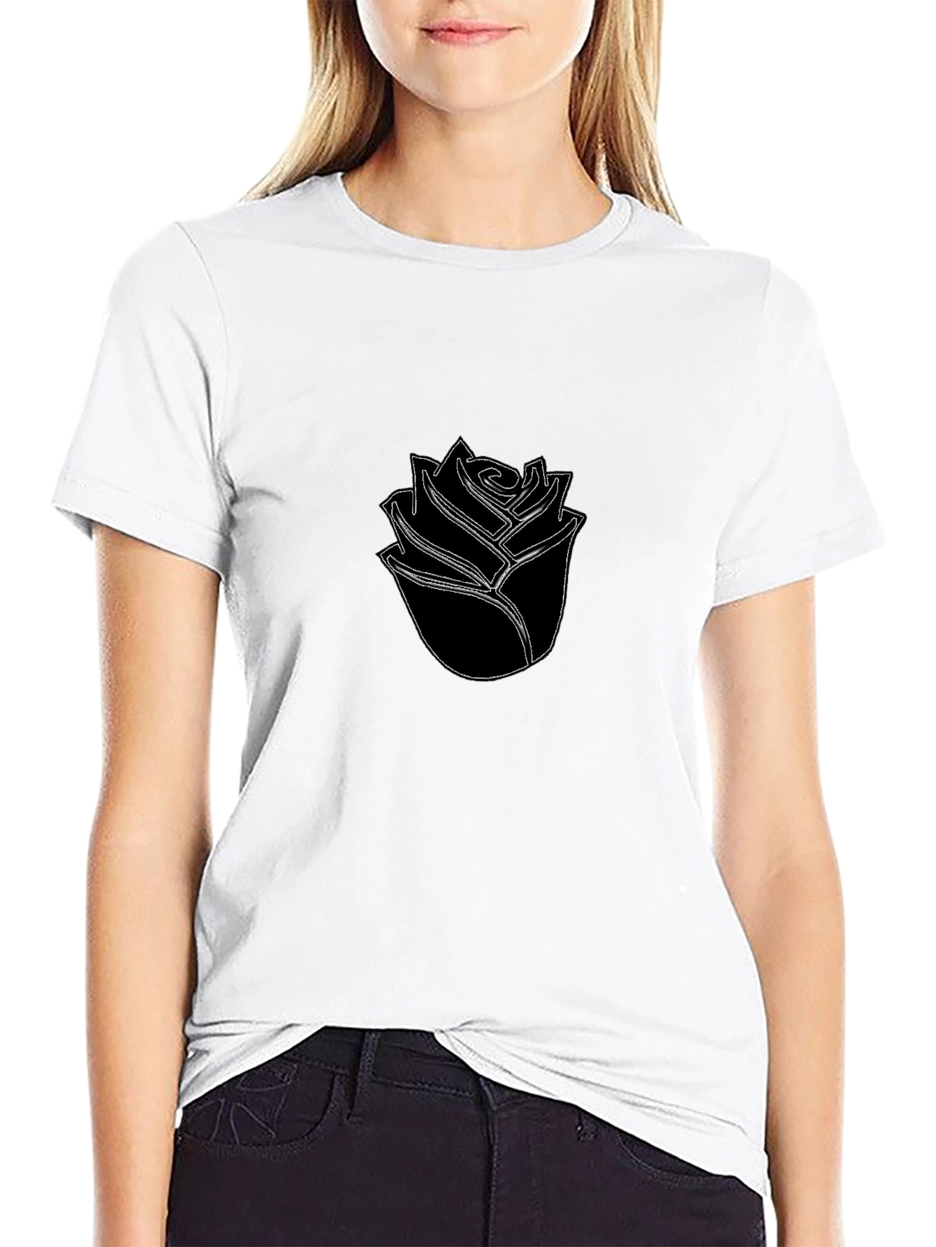 Black Black T-Shirt with Minimalist Rose Design view 9