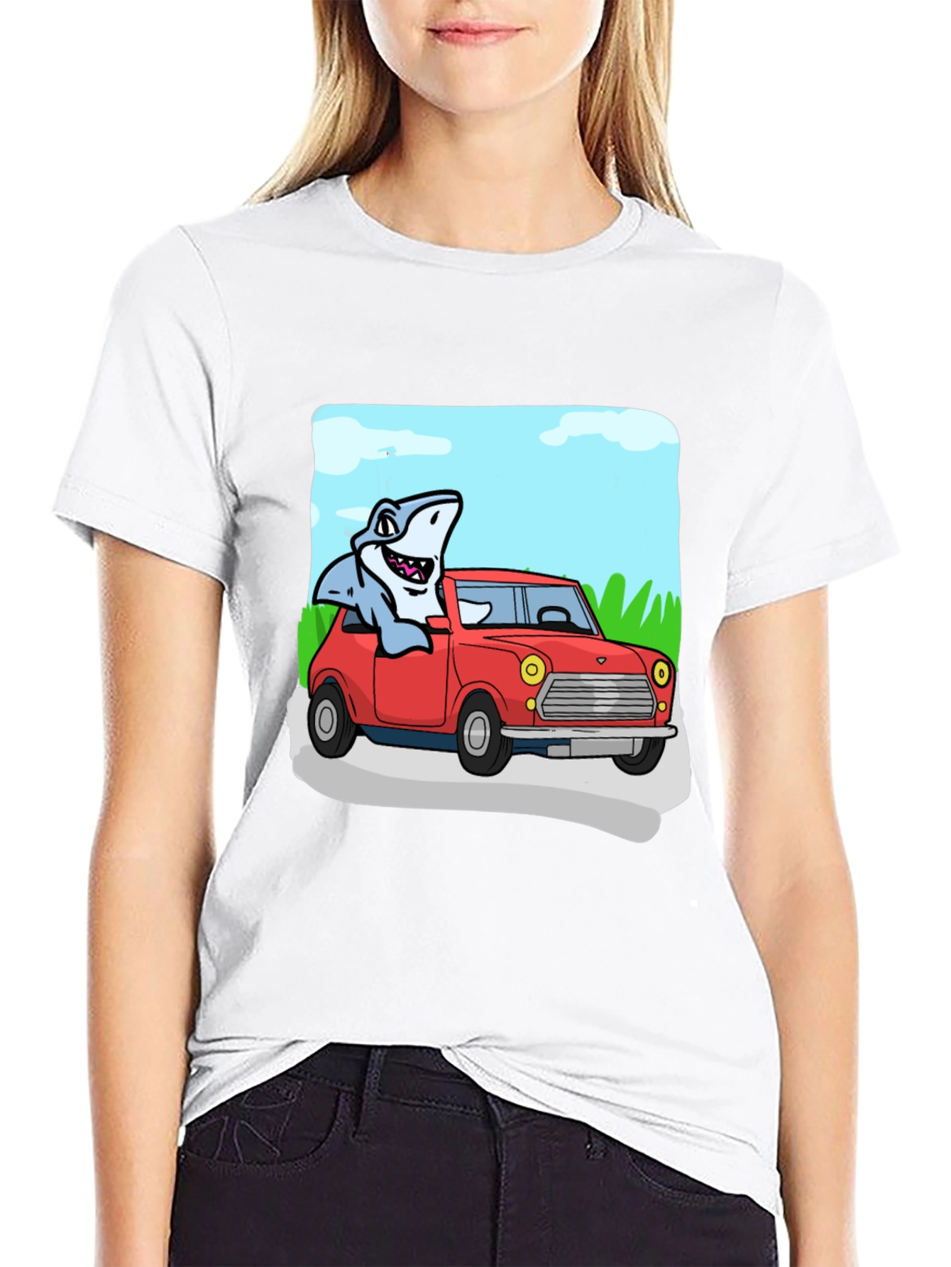 Black Shark in Car Graphic Tee - Unique Cartoon T-Shirt view 9