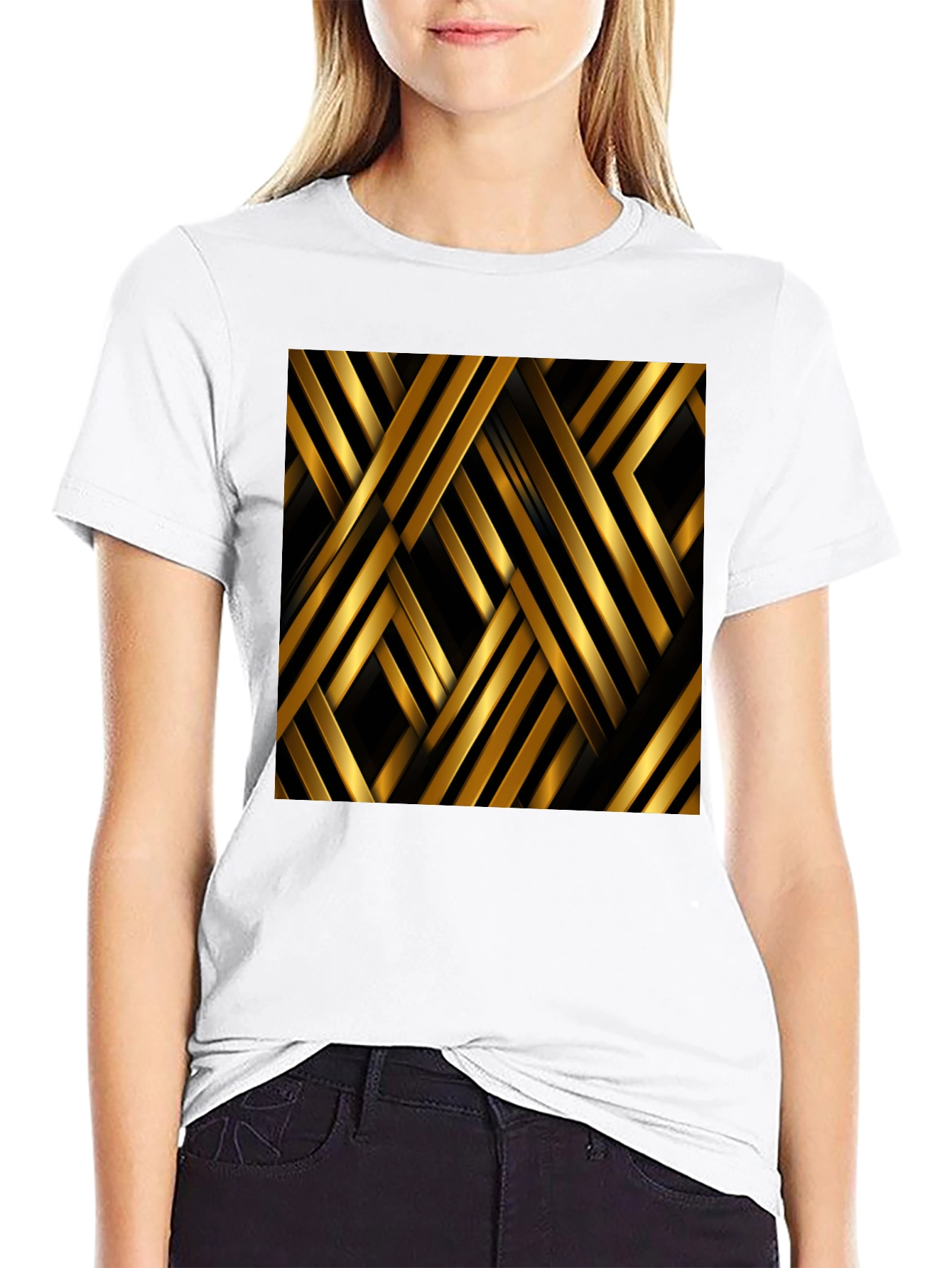 Black Geometric Gold Stripes T-Shirt view 9