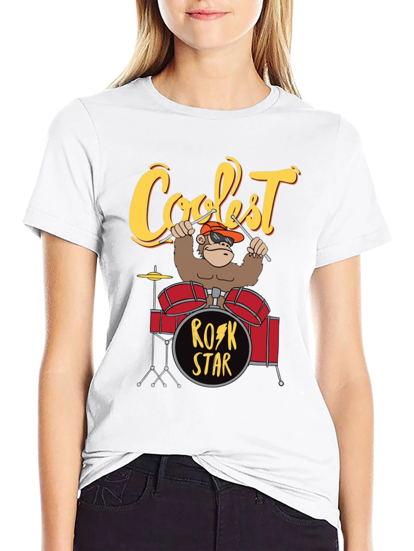 Black Coolest Rock Star Monkey Drummer T-Shirt view 9