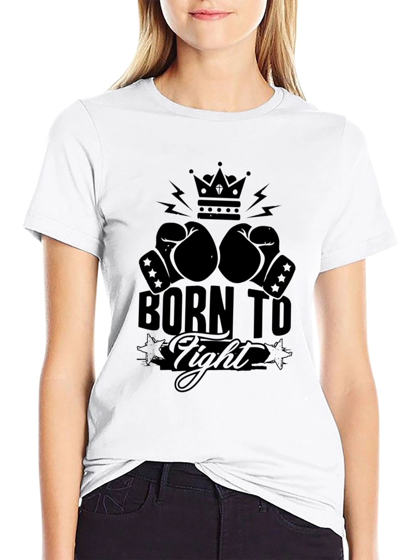 Black Born To Fight T-Shirt, Boxing Gloves Crown Graphic Tee view 9