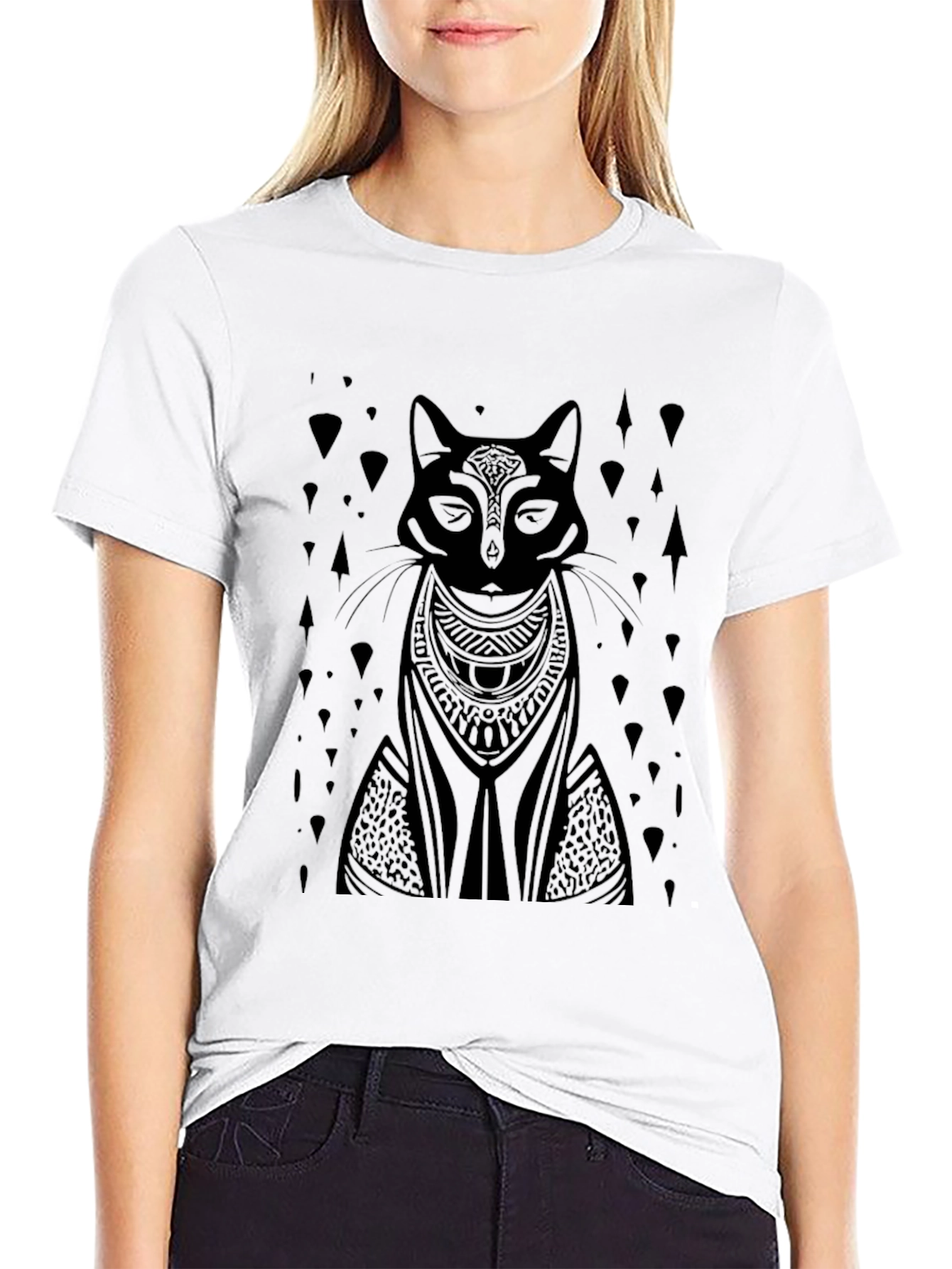 Black Tribal Cat Graphic Tee - Black Cotton T-Shirt view 9