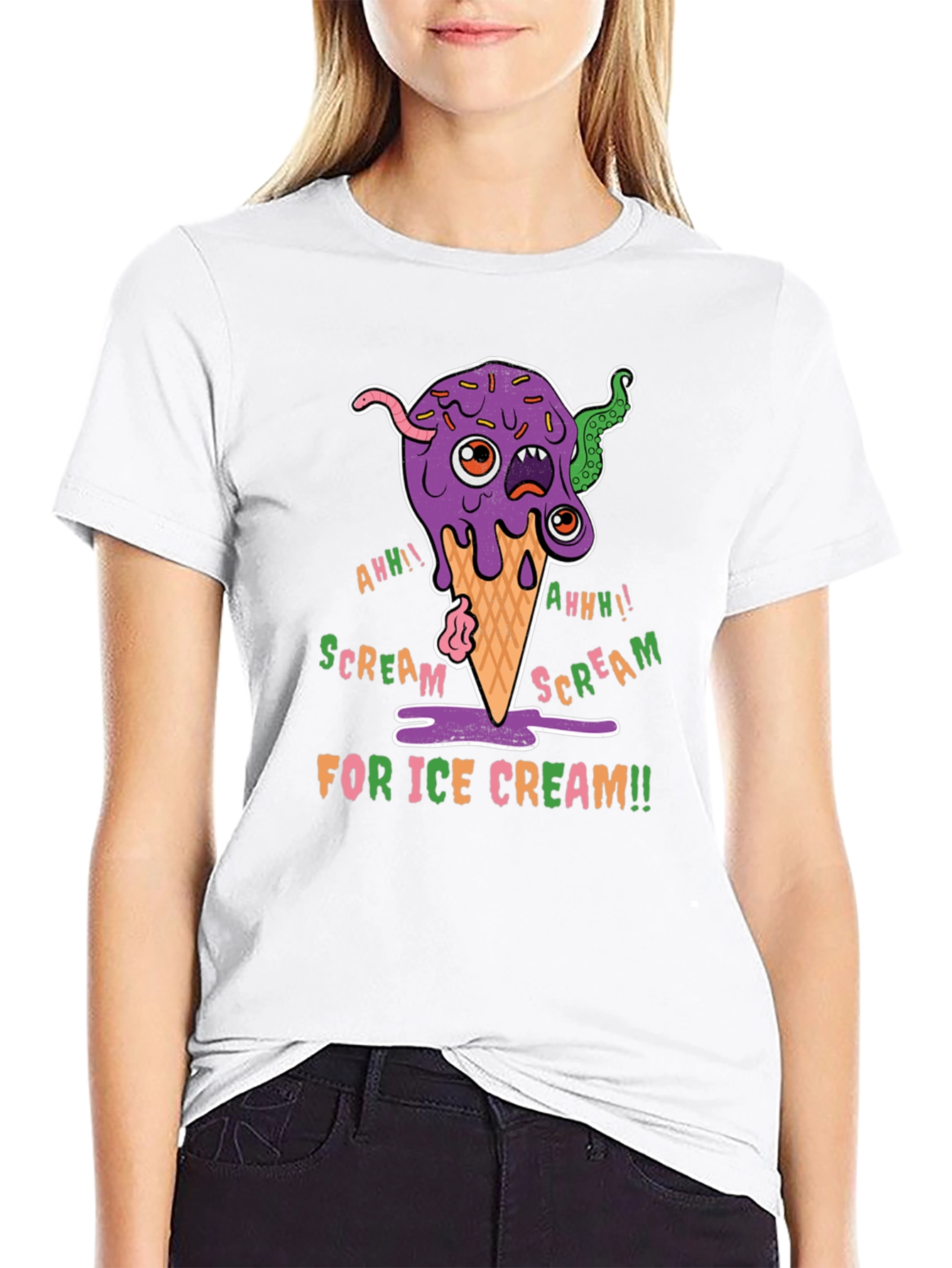 Black Scream for Ice Cream Graphic Tee - Fun Creepy Cartoon Design view 9