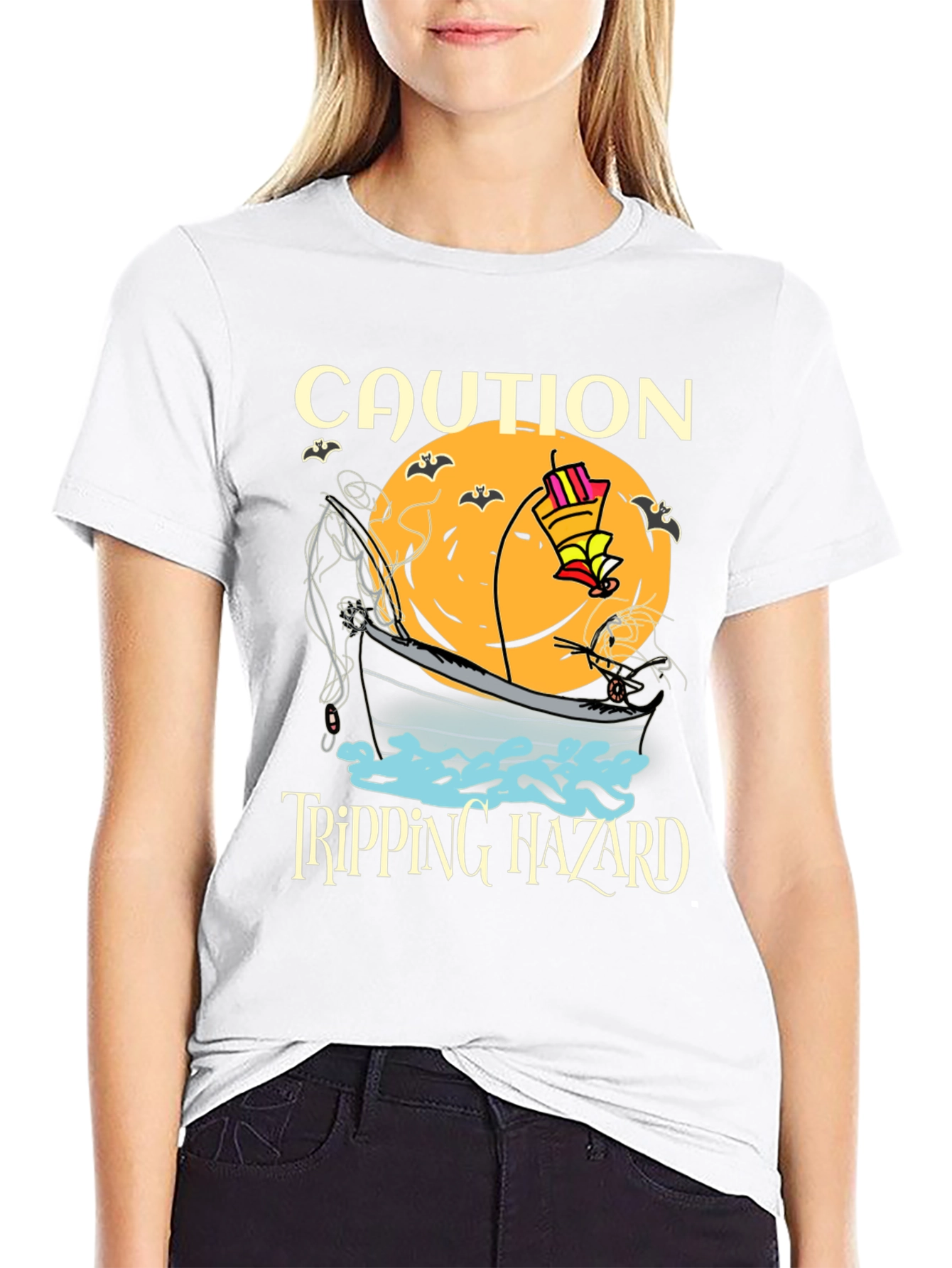 Black Caution Tripping Hazard Funny Halloween T-Shirt view 9