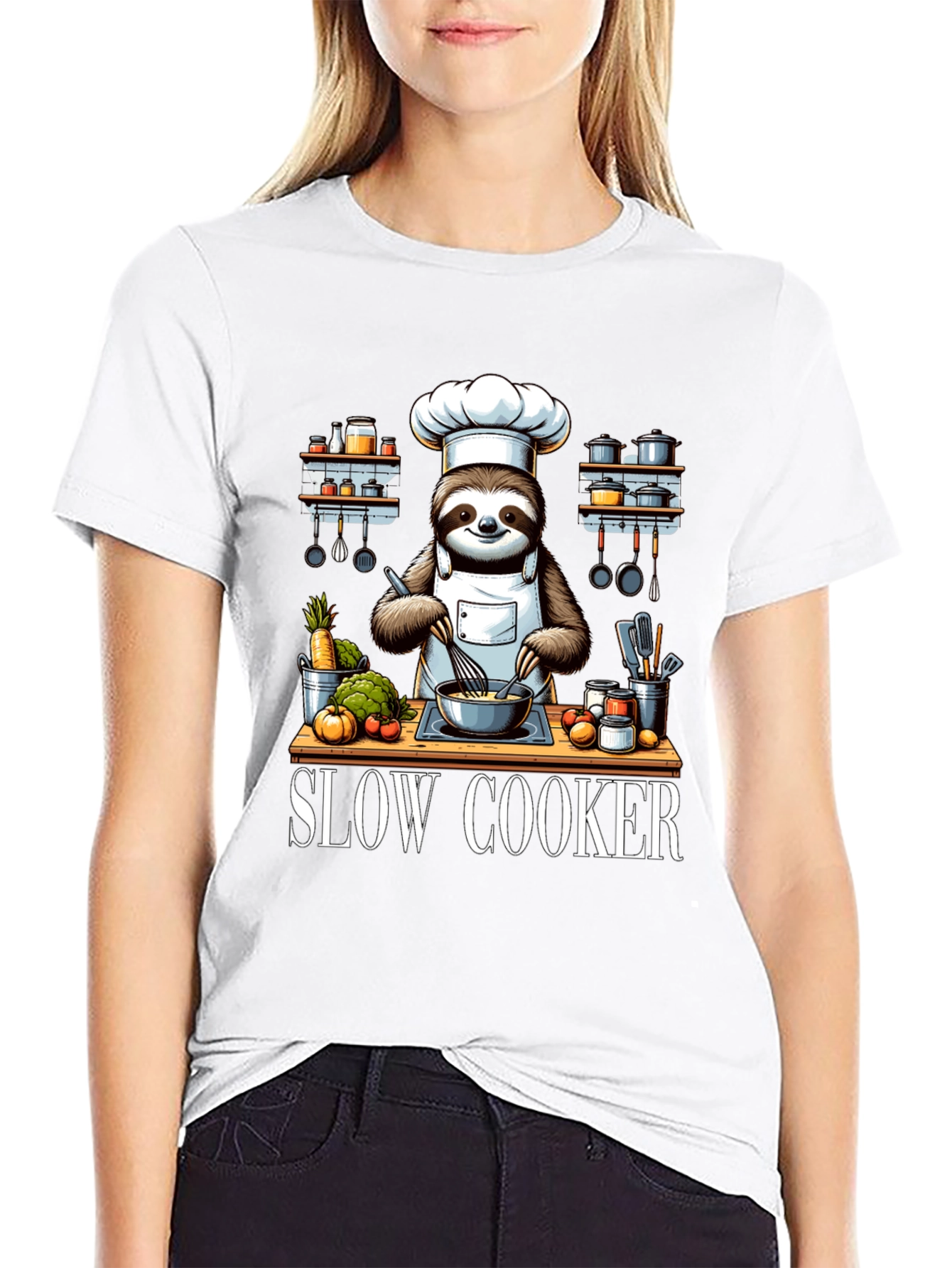 Black Sloth Chef T-Shirt - Slow Cooker Design view 9