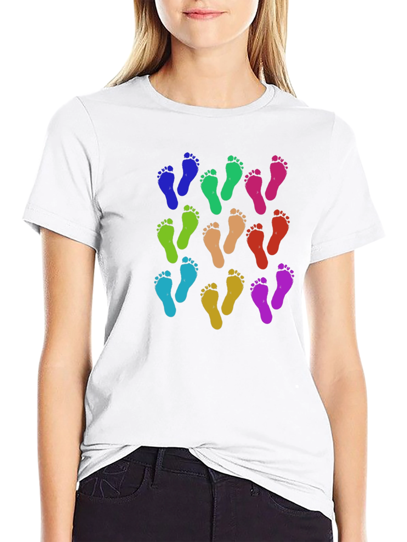 Black Colorful Footprints Tee - Funky Pattern Black T-Shirt view 9
