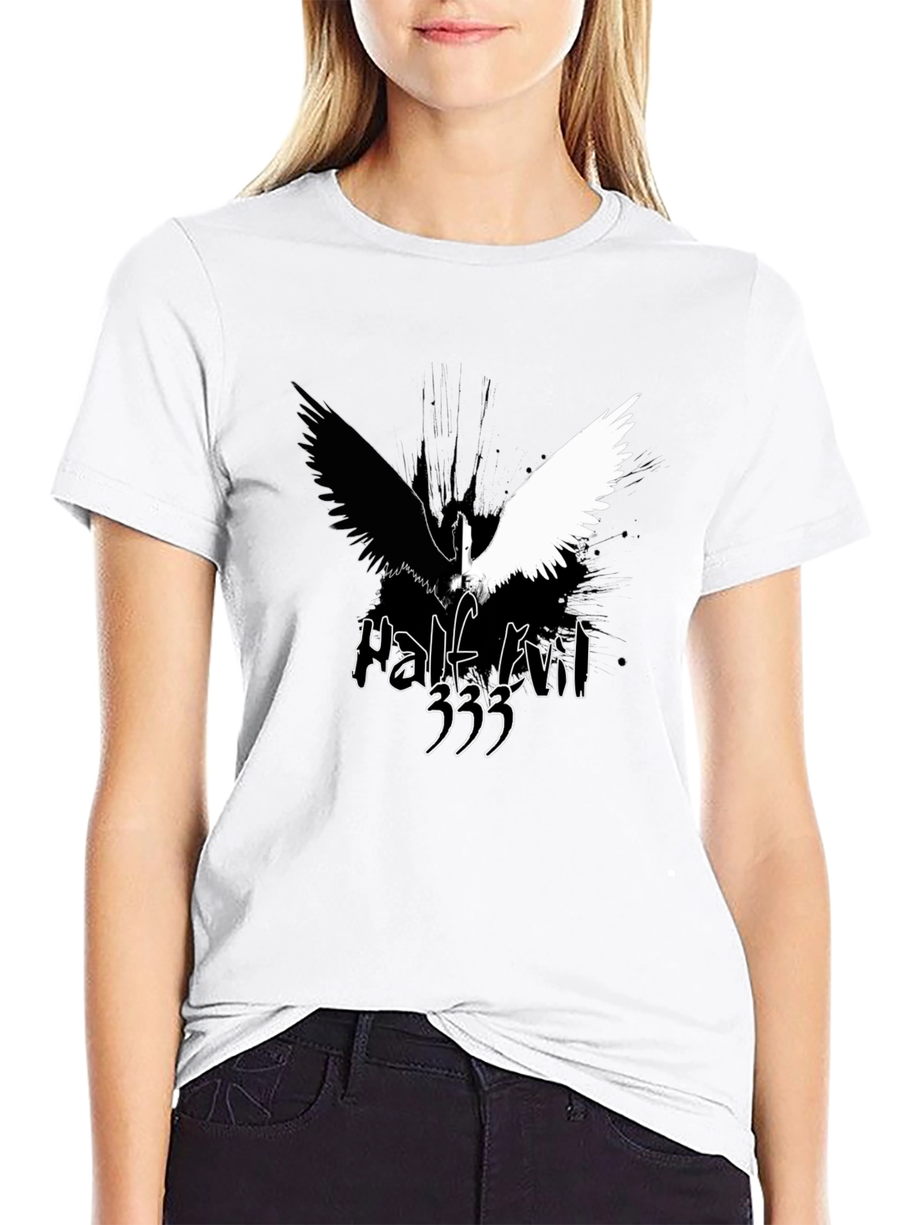 Black Half Evil Angel Wings Black T-Shirt view 9