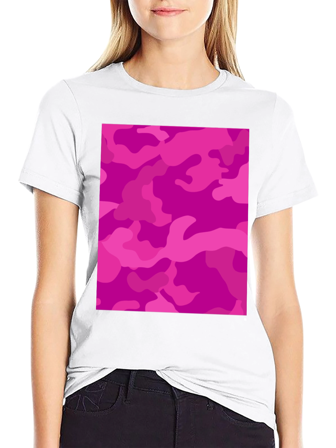 Black Pink Camo Print Black Crew Neck T-Shirt view 9