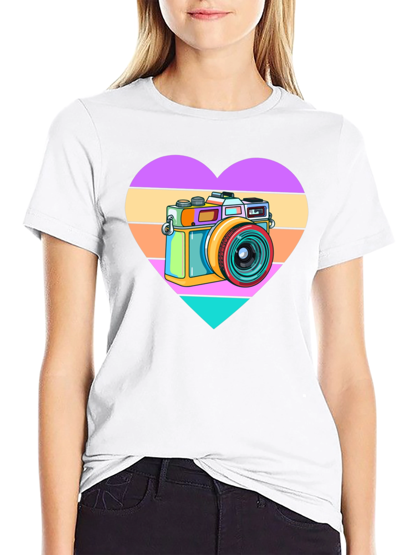 Black Retro Camera Heart Graphic Tee - Black Cotton T-Shirt view 9