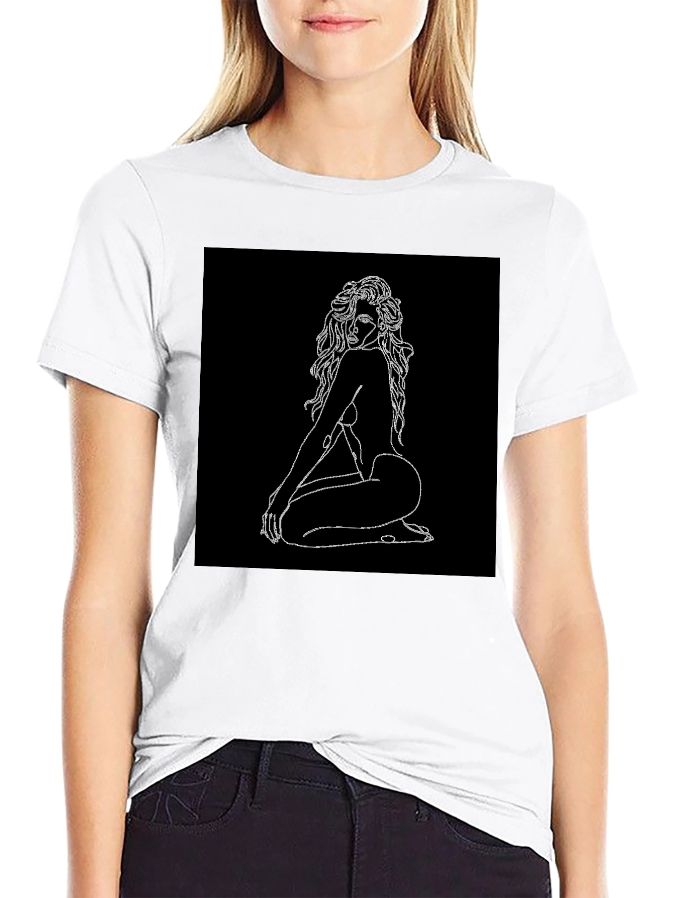 Black Black T-Shirt with Line Art Woman Graphic view 9