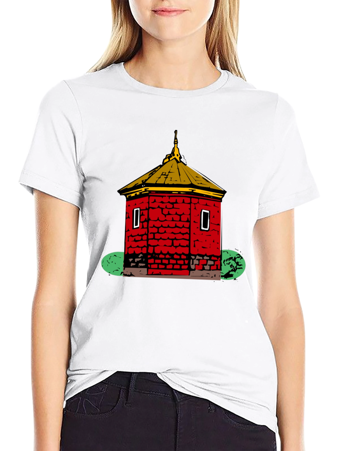 Black Red Brick Building Graphic Black T-Shirt view 9