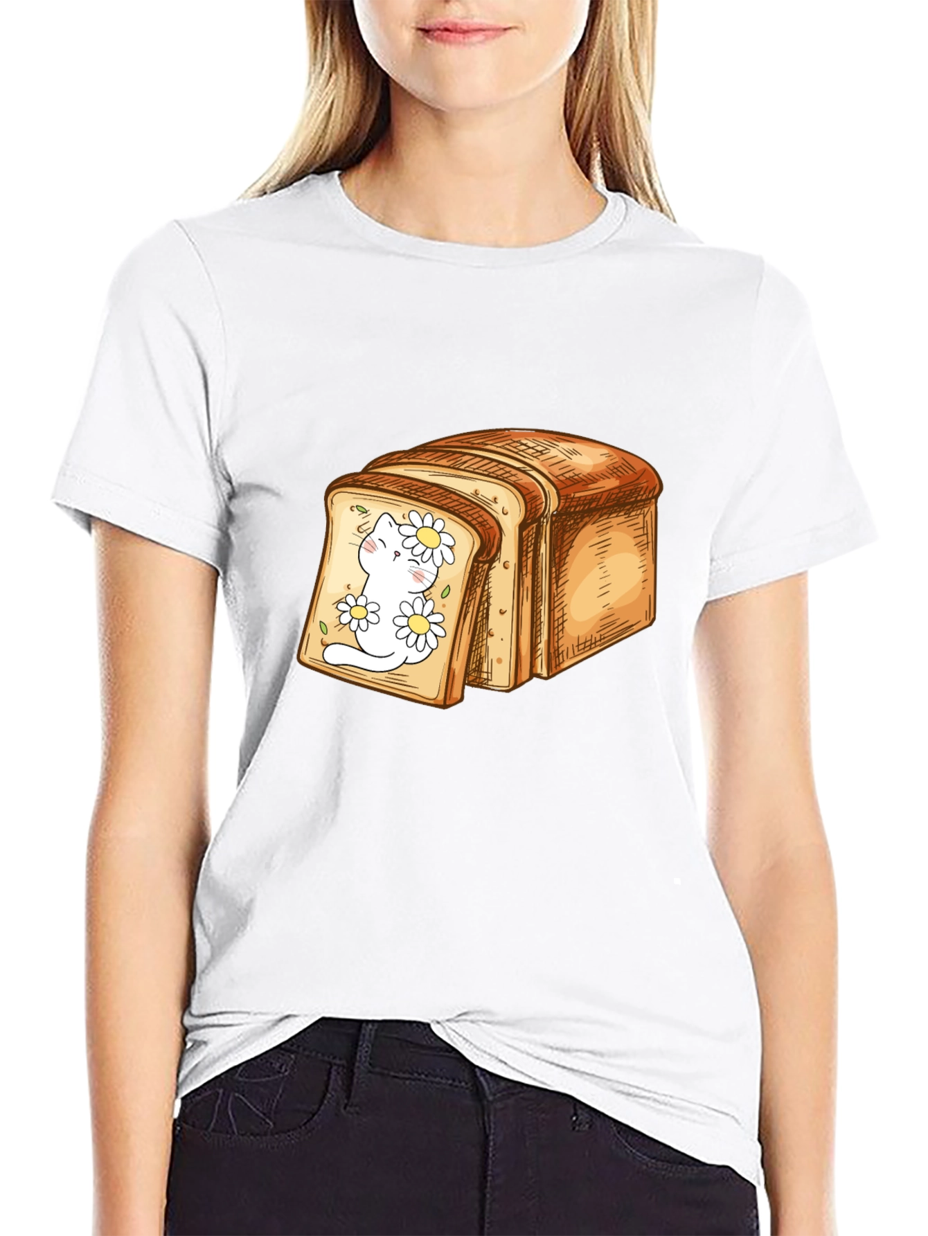 Black Cute Cat in Bread Slice Graphic T-Shirt view 9