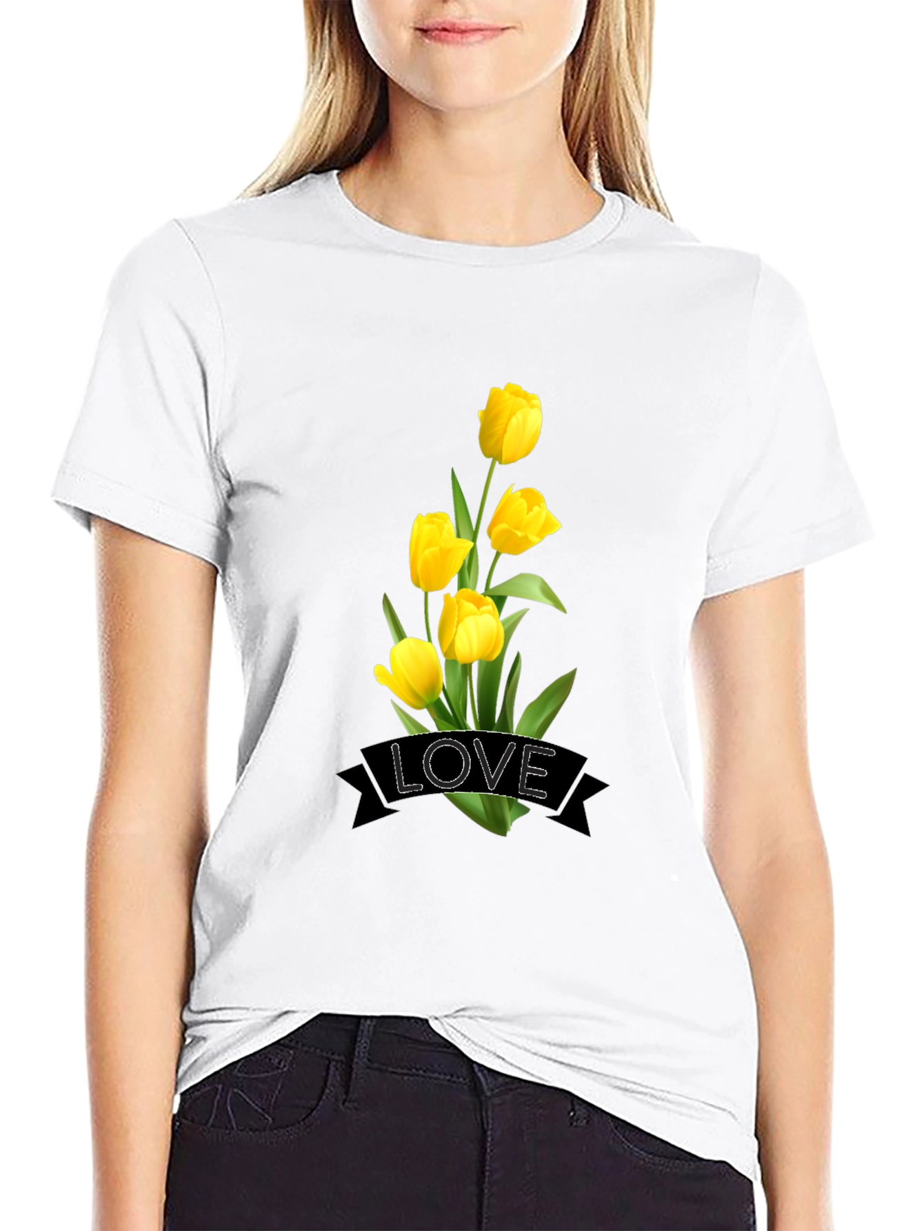 Black Love Tulips Graphic Black T-Shirt view 9