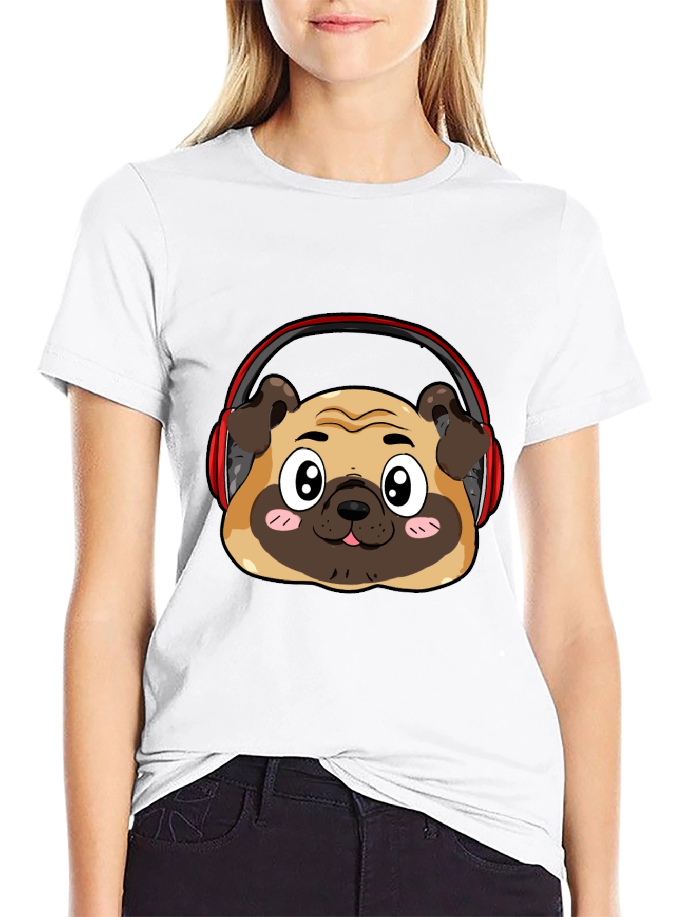 Black Pug Headphone Graphic Black T-Shirt view 9