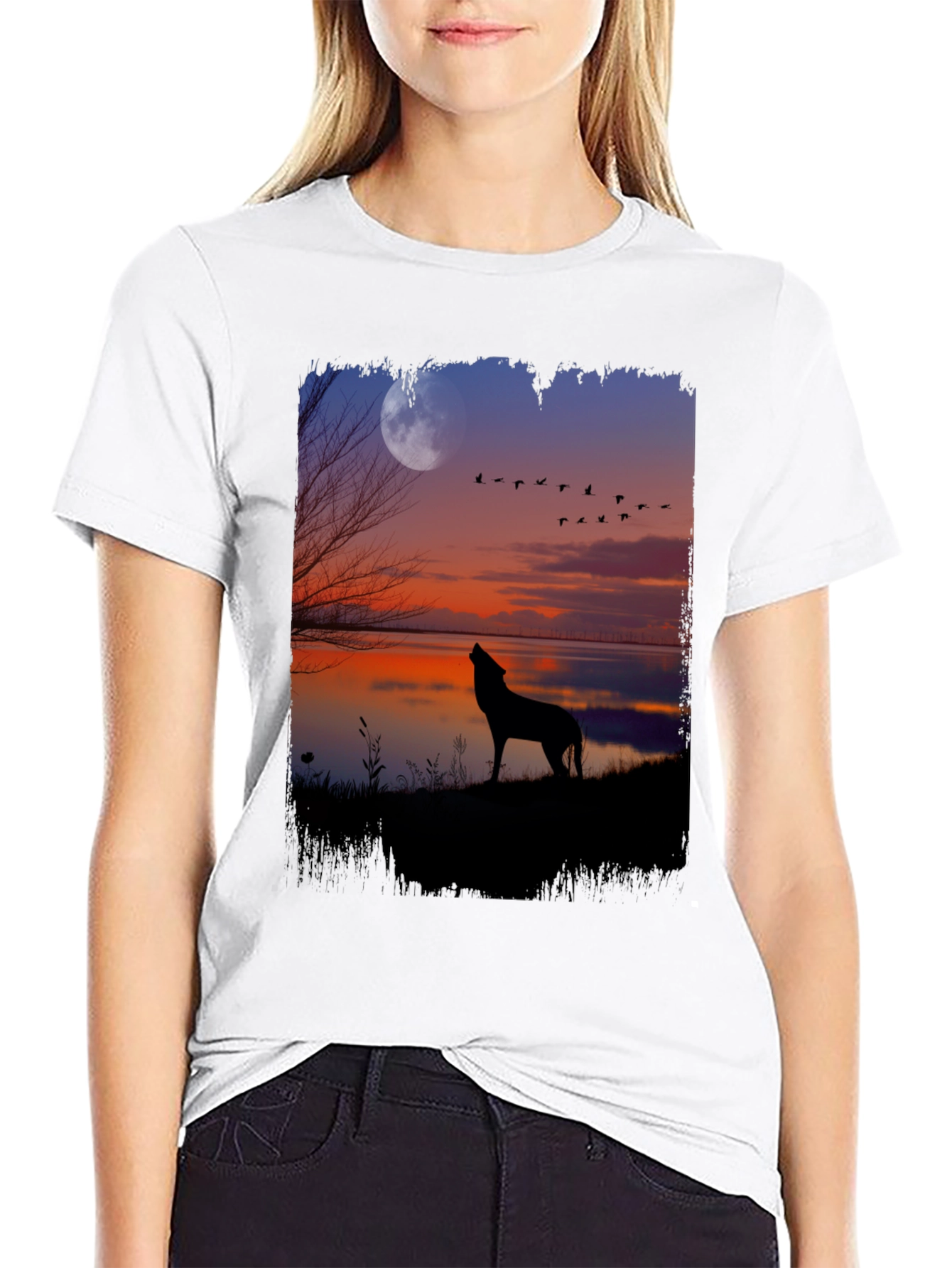 Black Wolf Howling at Moon Graphic Tee - Black view 9