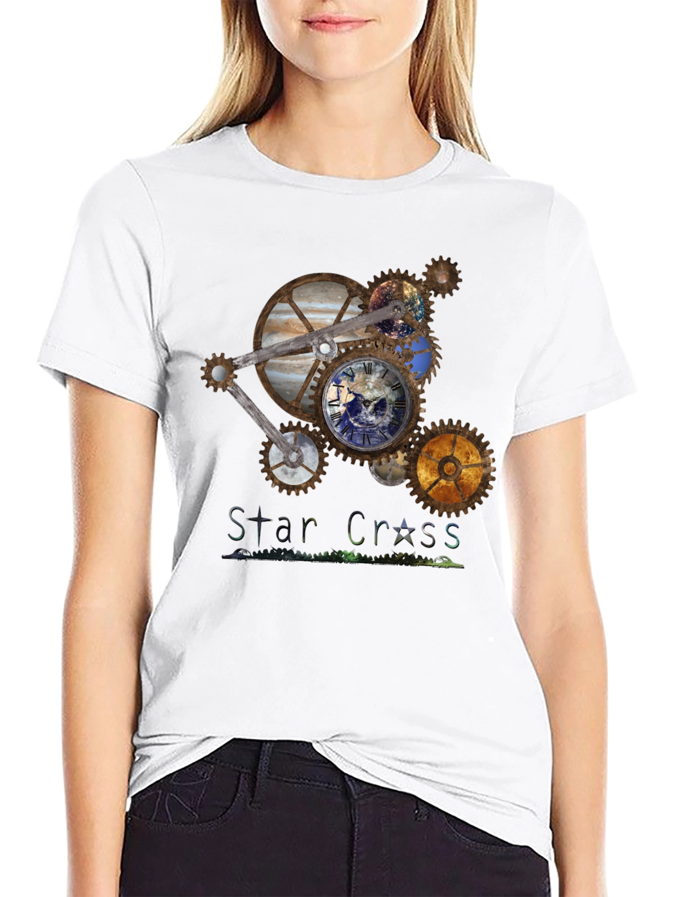 Black Steampunk Planet Gear T-Shirt - Star Cross Design view 9
