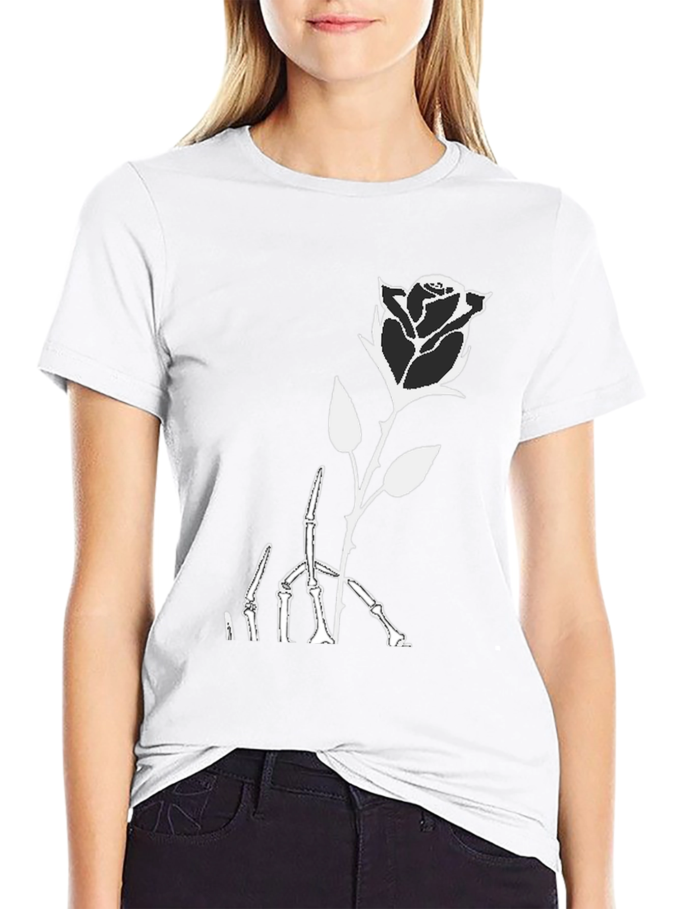 Black Rose Skeleton Graphic Print Black T-Shirt view 9