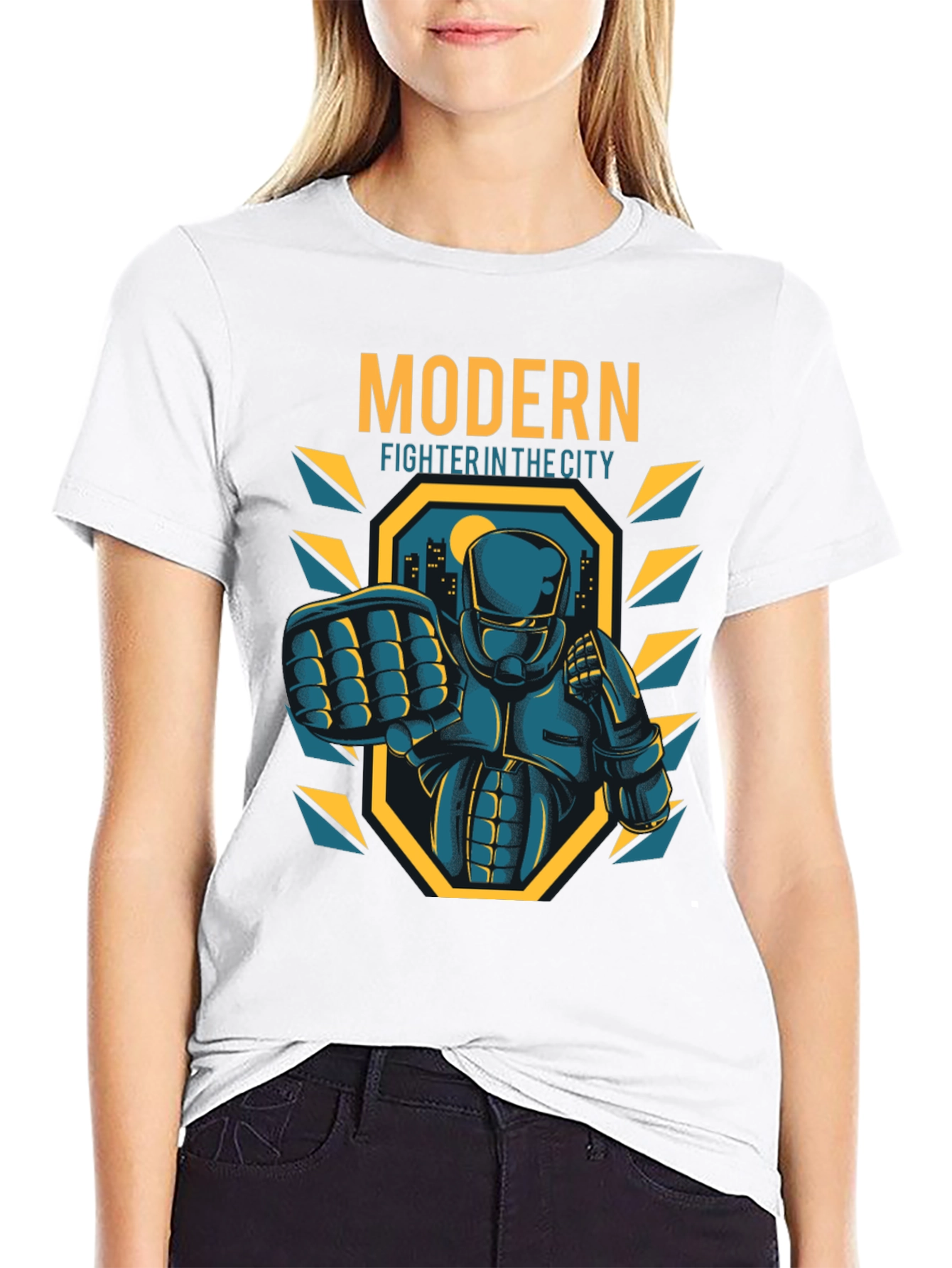 Black Modern Fighter City T-Shirt - Cool Graphic Tee view 9