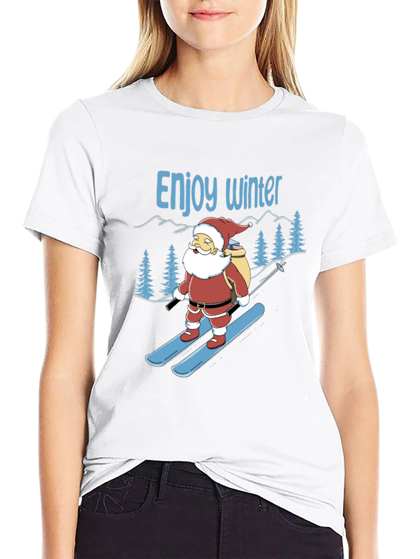 Black Enjoy Winter Santa Skiing Graphic Tee view 9