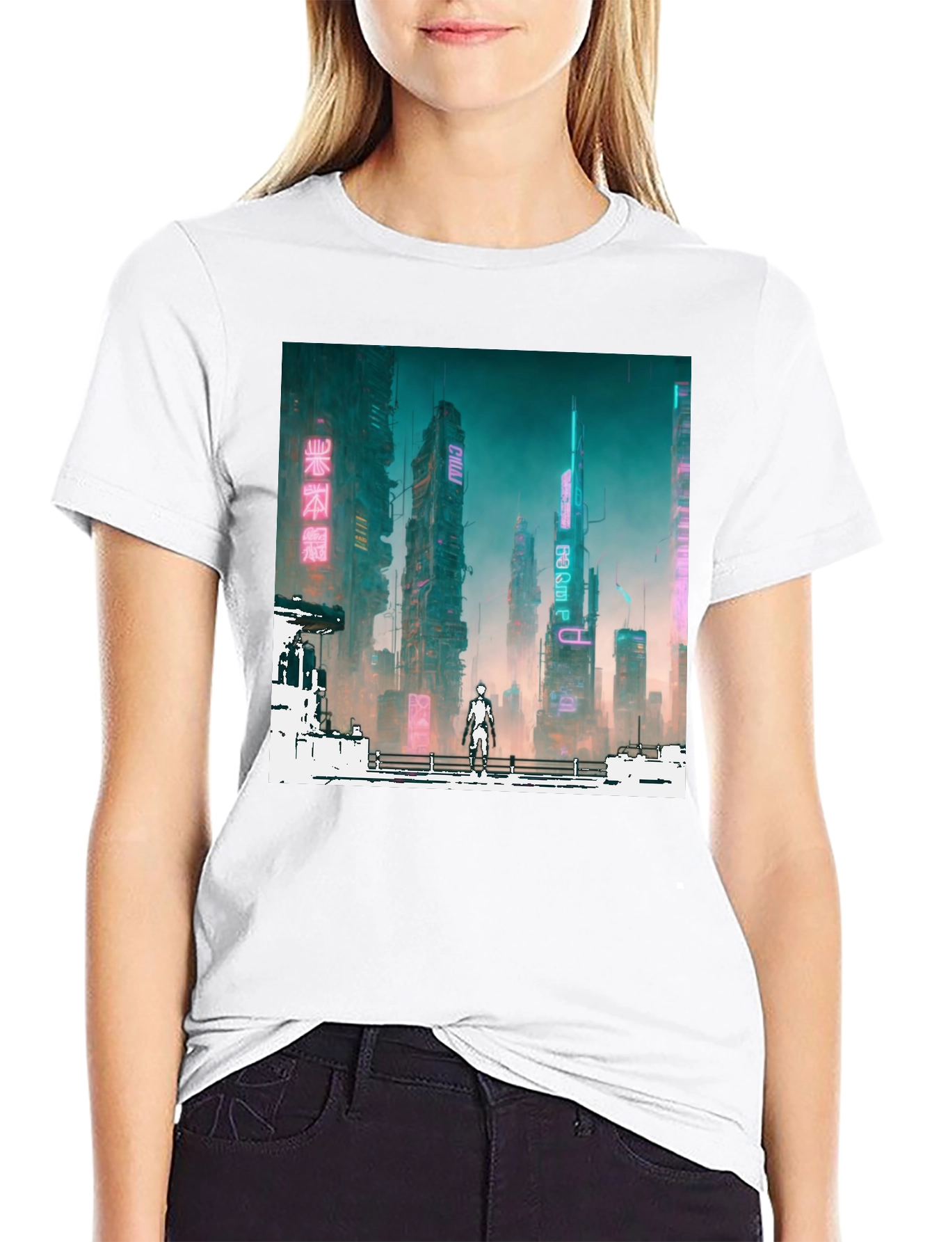 Black Cyberpunk Cityscape Graphic Tee - Futuristic Fashion view 9