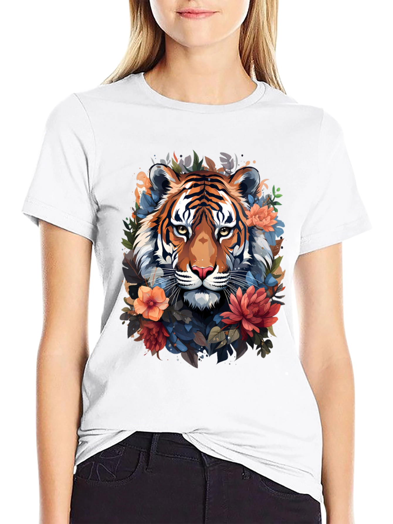 Black Floral Tiger Graphic Tee - Stylish Men's Black T-Shirt view 9