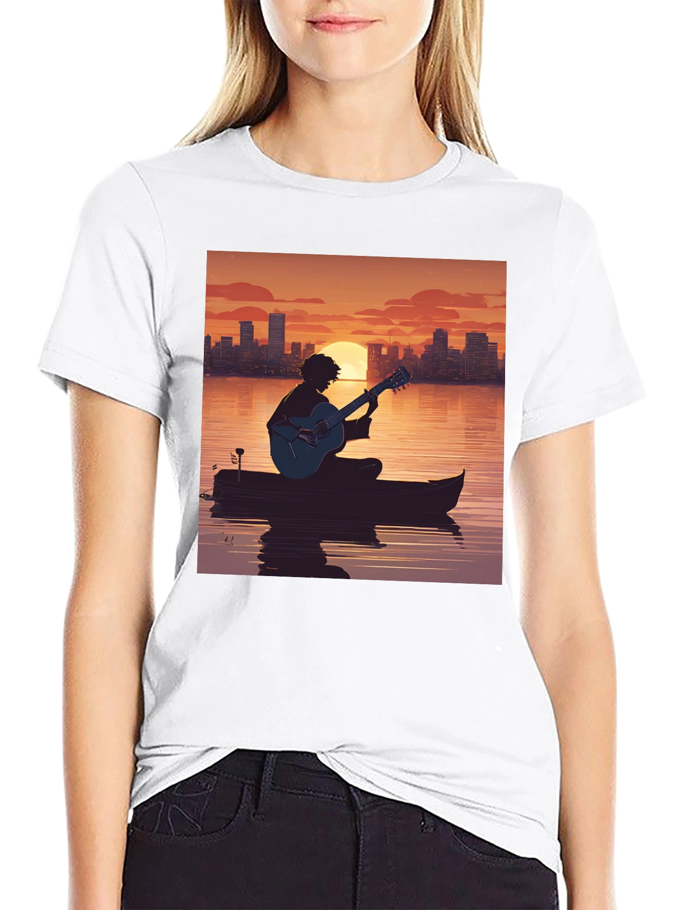 Black Sunset Guitarist T-Shirt - City Skyline Silhouette view 9