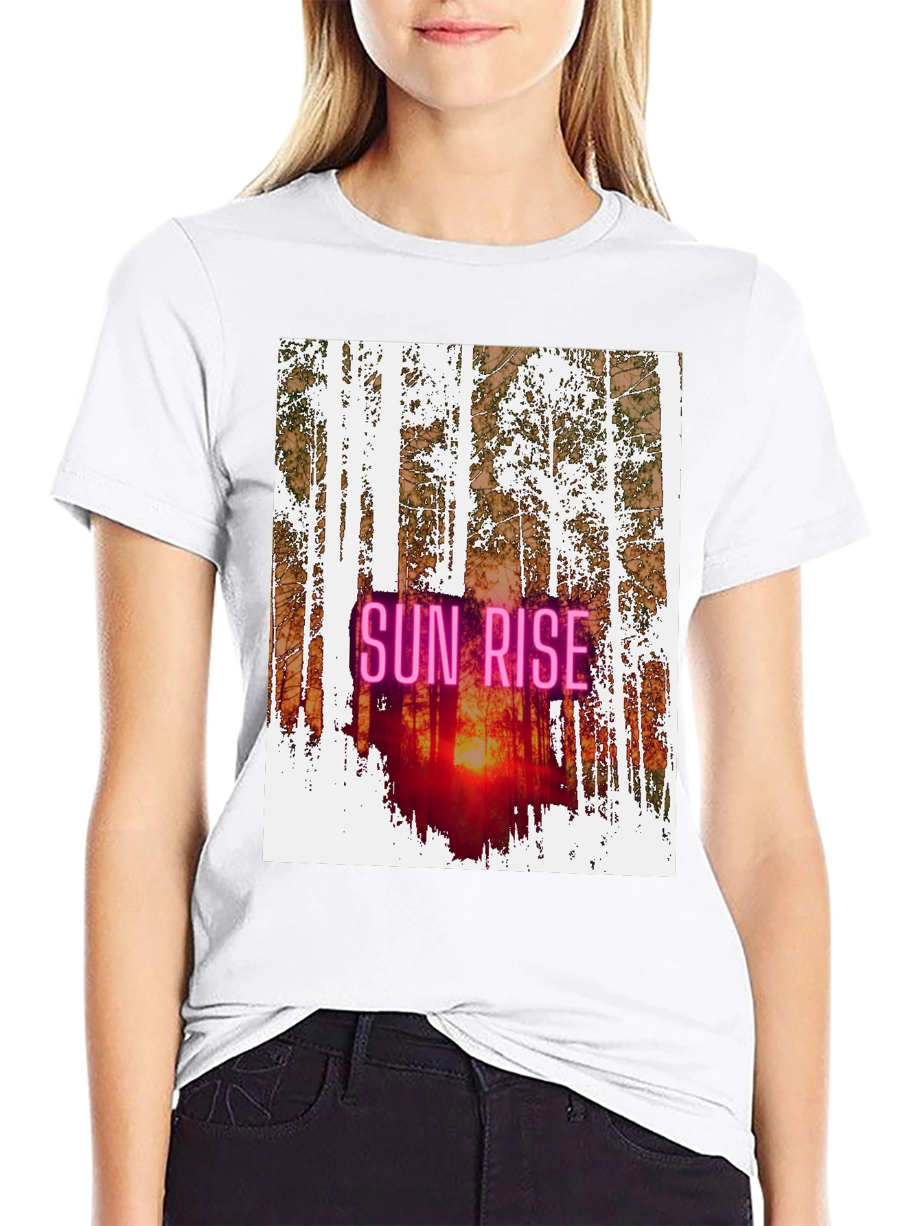 Black Sunrise Forest Graphic Tee - Nature Inspired Black T-Shirt view 9