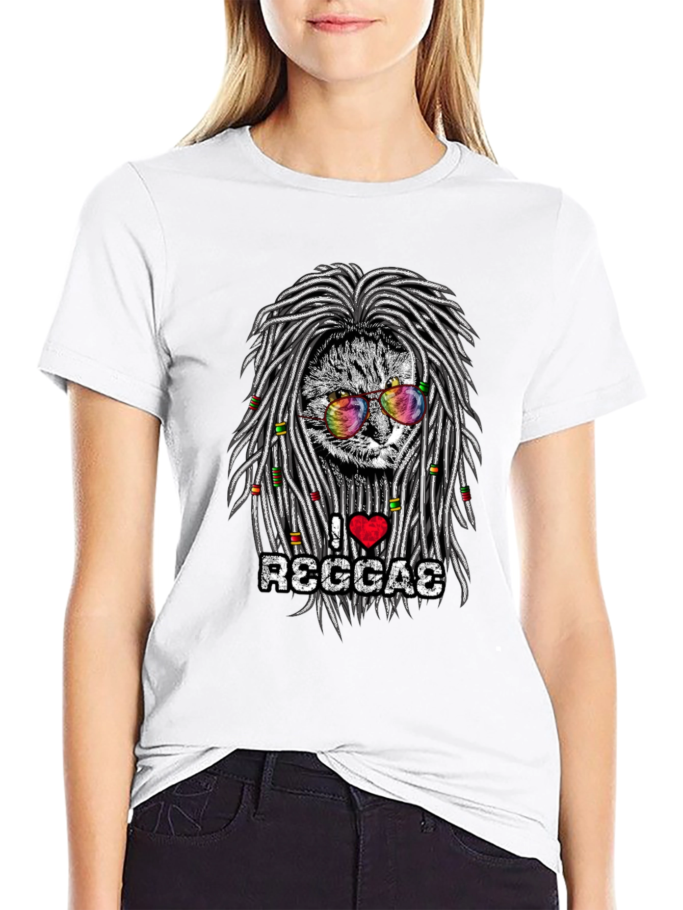 Black I Love Reggae Cat Graphic T-Shirt view 9