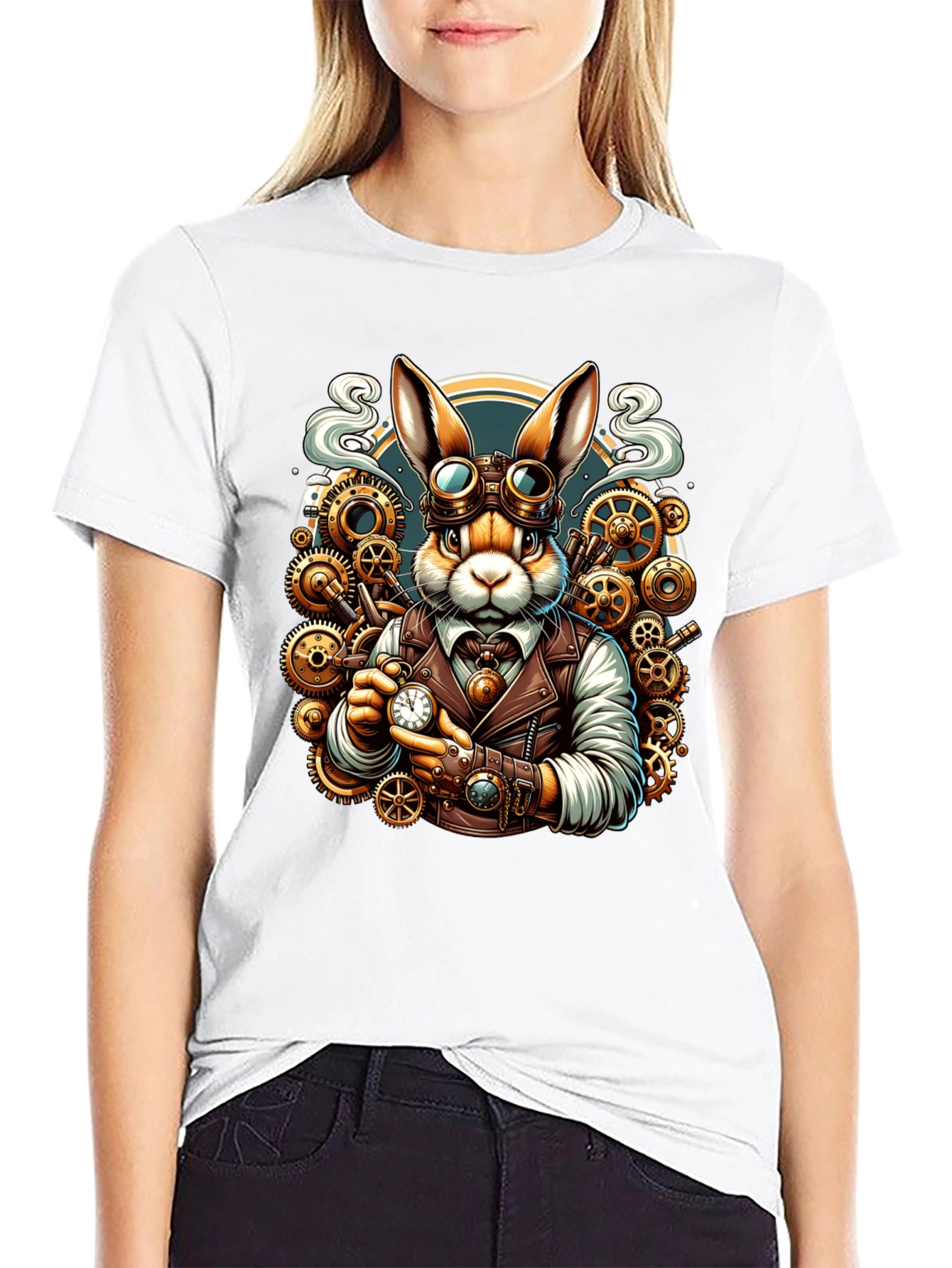 Black Steampunk Rabbit T-Shirt - Unique Design view 9