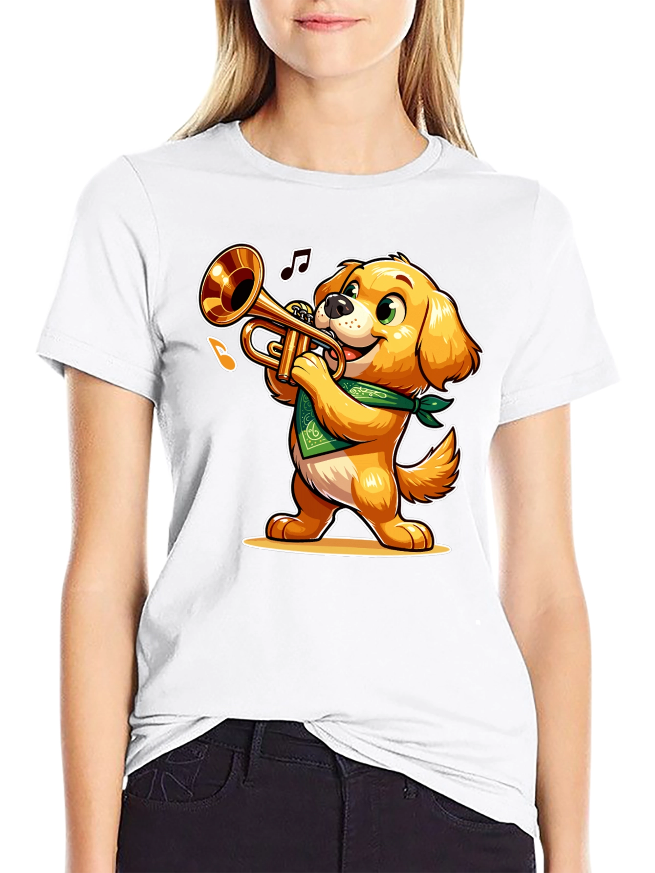 Black Dog Playing Trumpet T-Shirt - Fun Cartoon Design view 9
