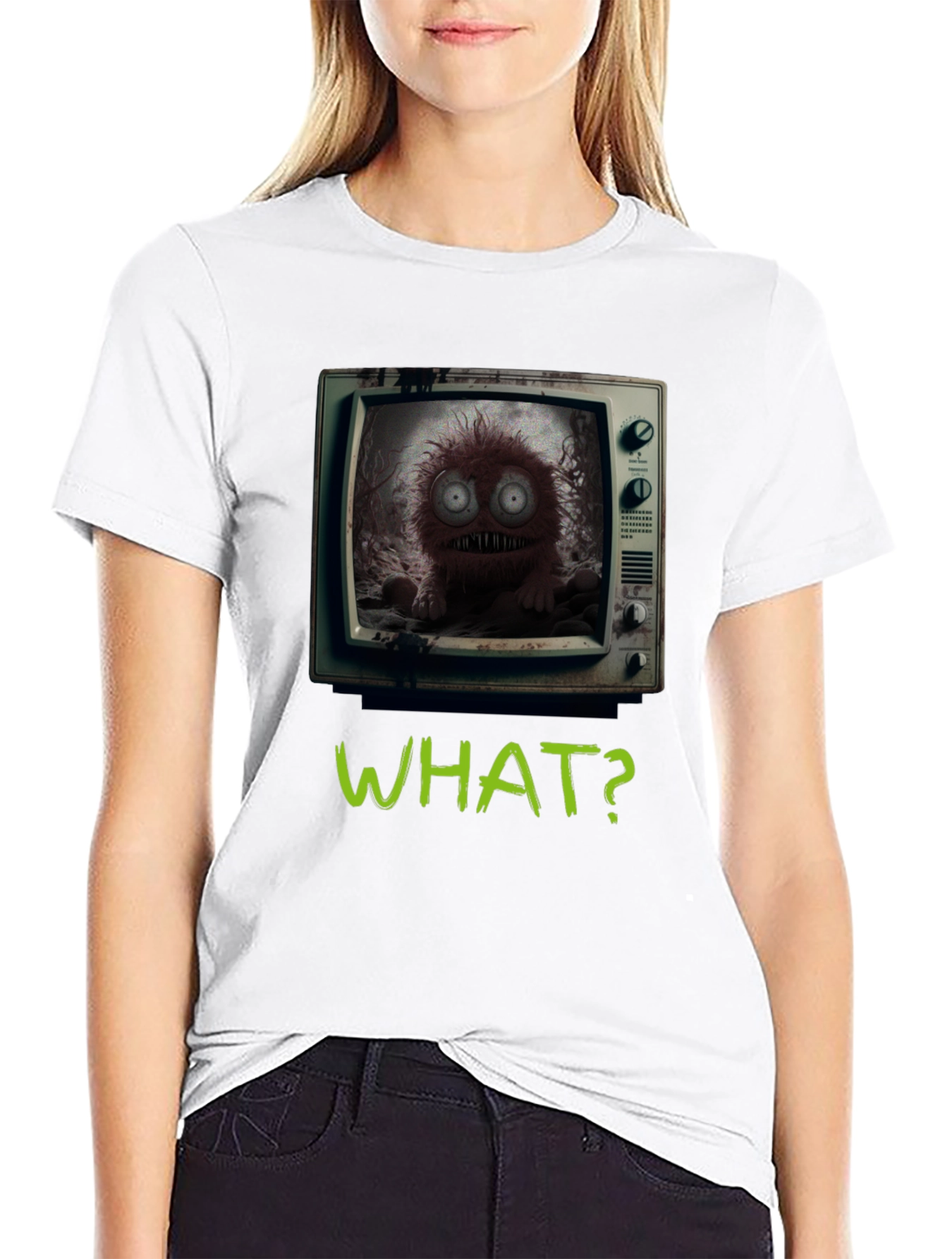 Black What? Monster TV Graphic Tee - Creepy Novelty T-Shirt view 9