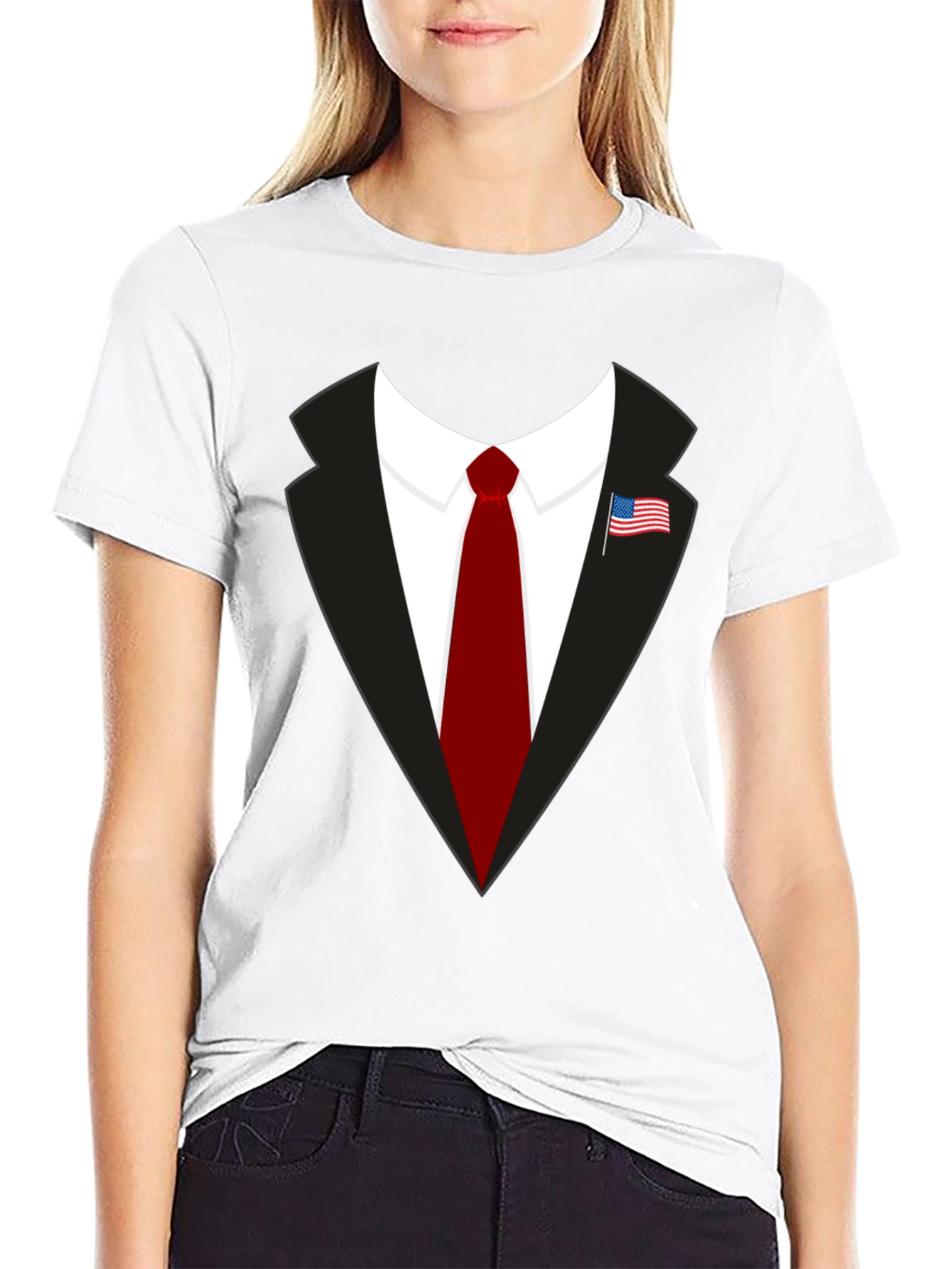 Black Suit & Tie Graphic Tee - Patriotic American Flag Pin view 9