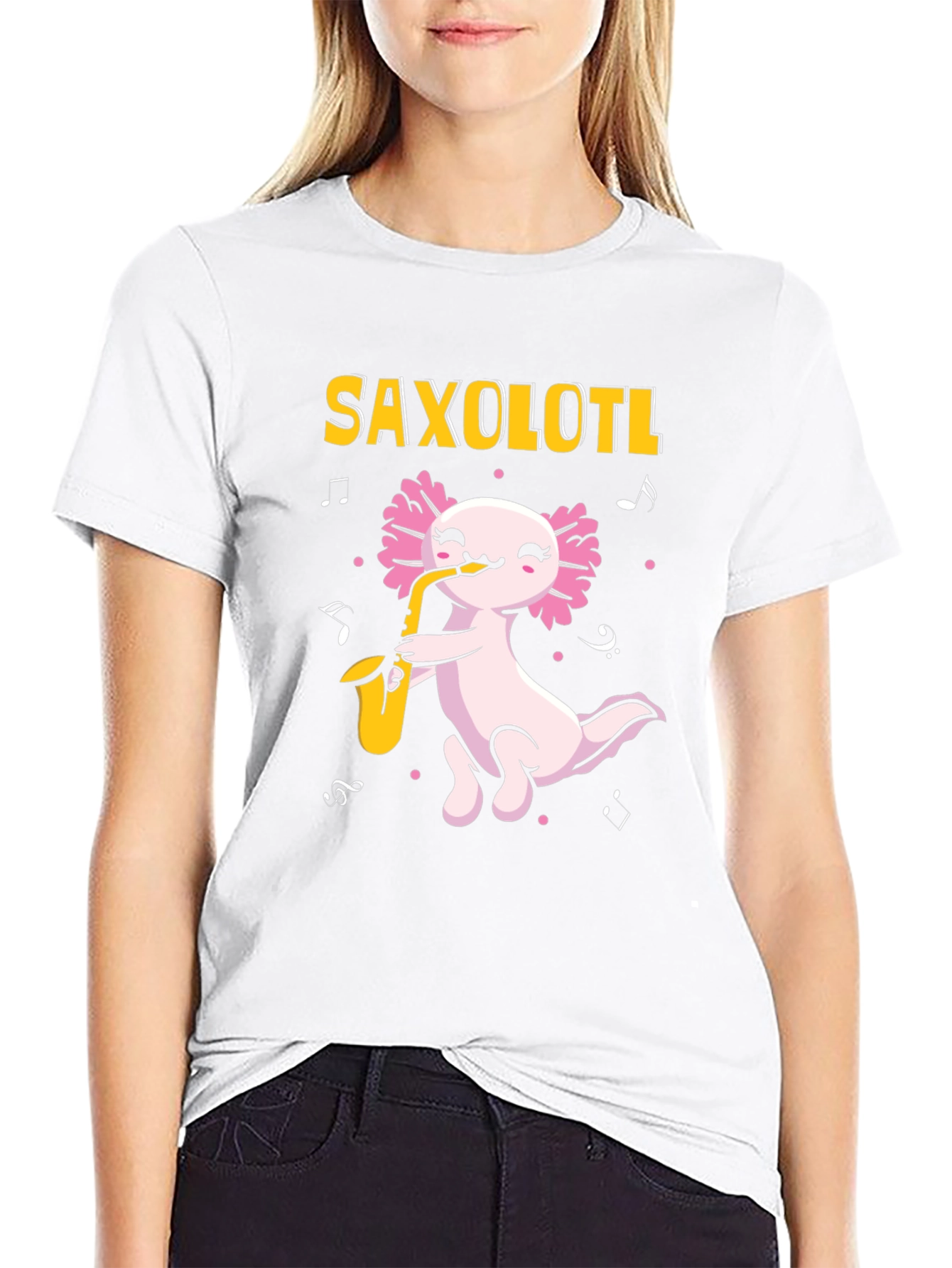 Black Saxolotl T-Shirt - Axolotl Saxophone Player view 9