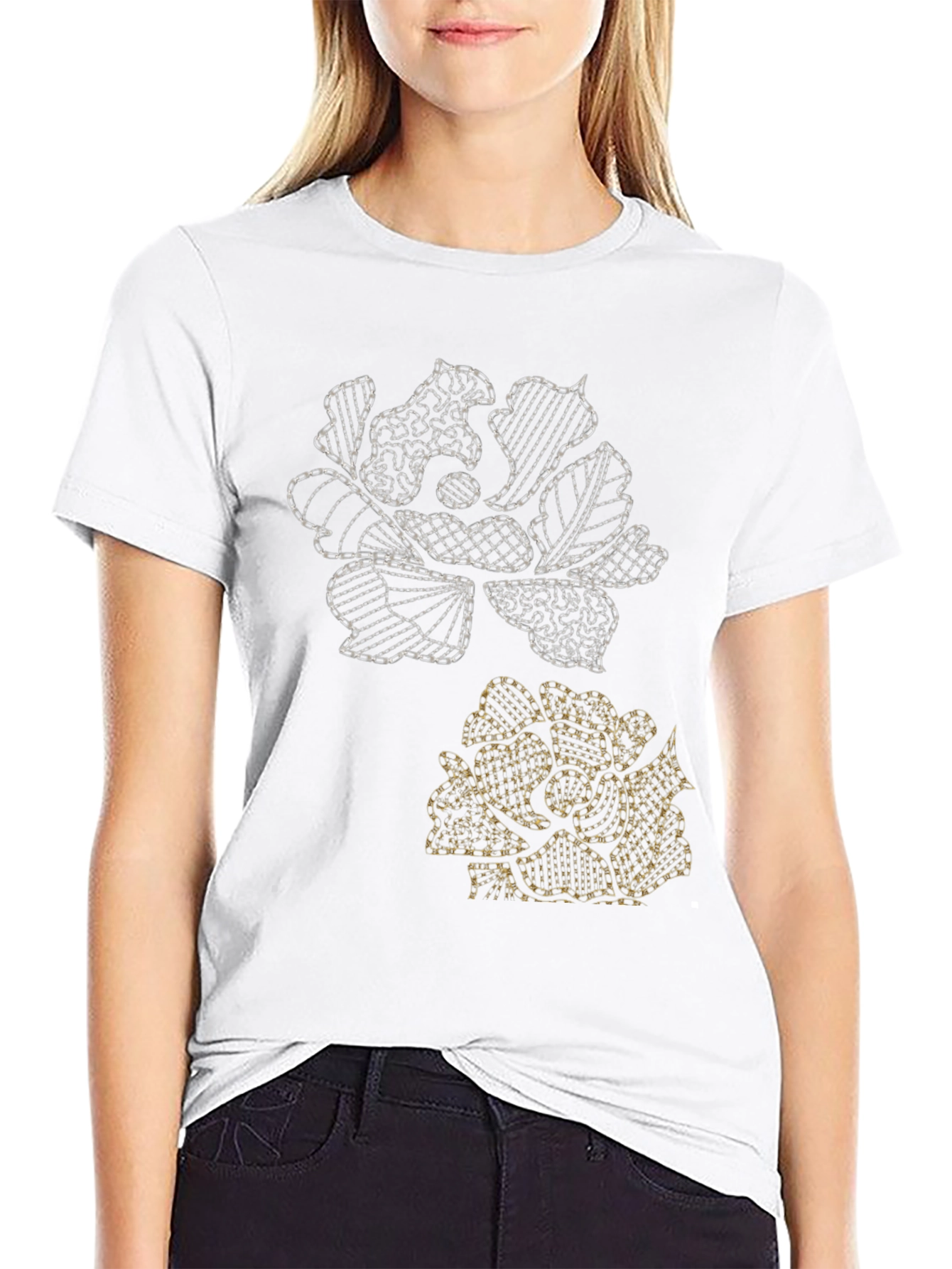 Black Floral Graphic Tee - Embroidered Rose Design view 9