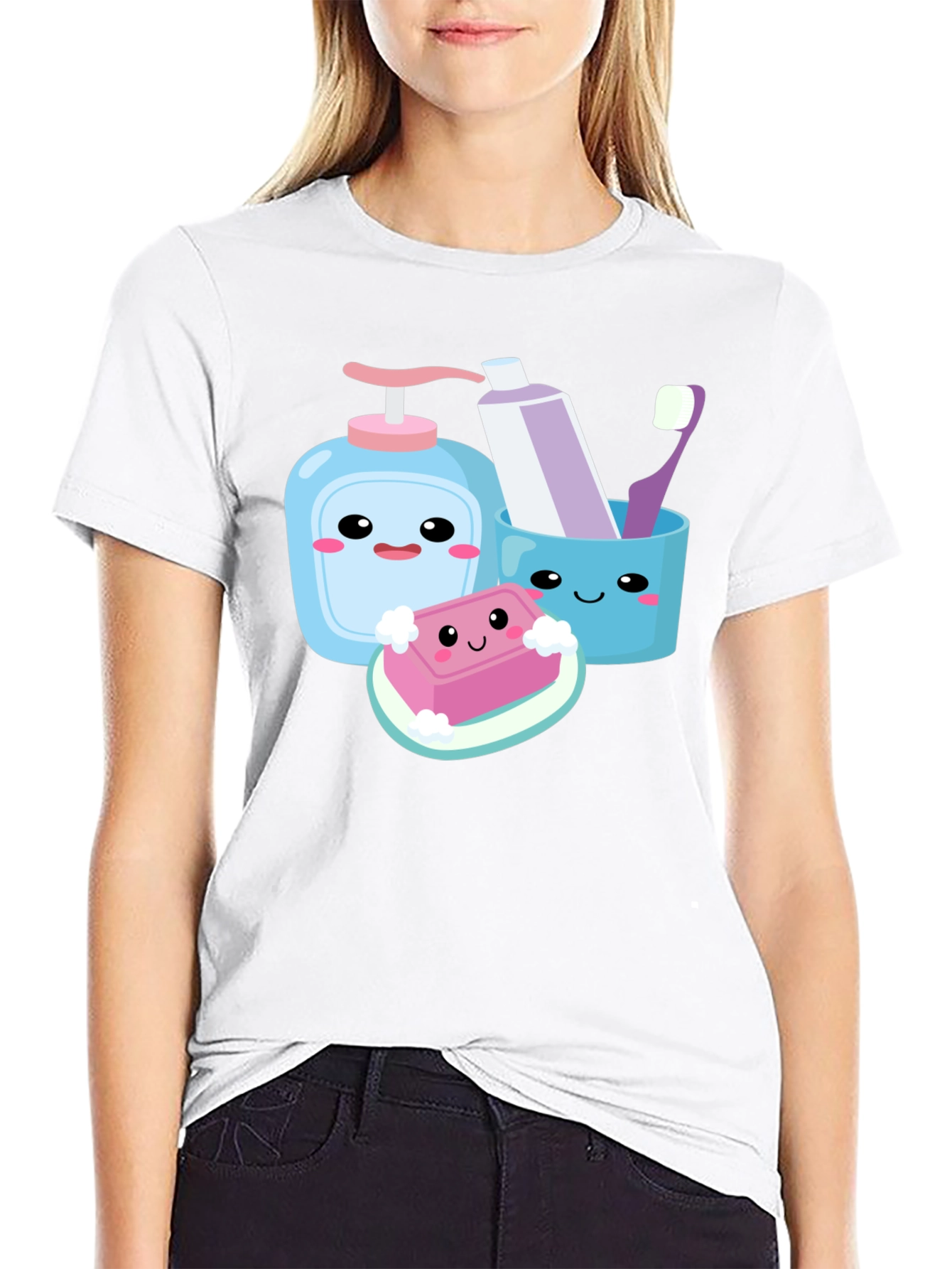 Black Kawaii Hygiene Cartoon Graphic T-Shirt view 9
