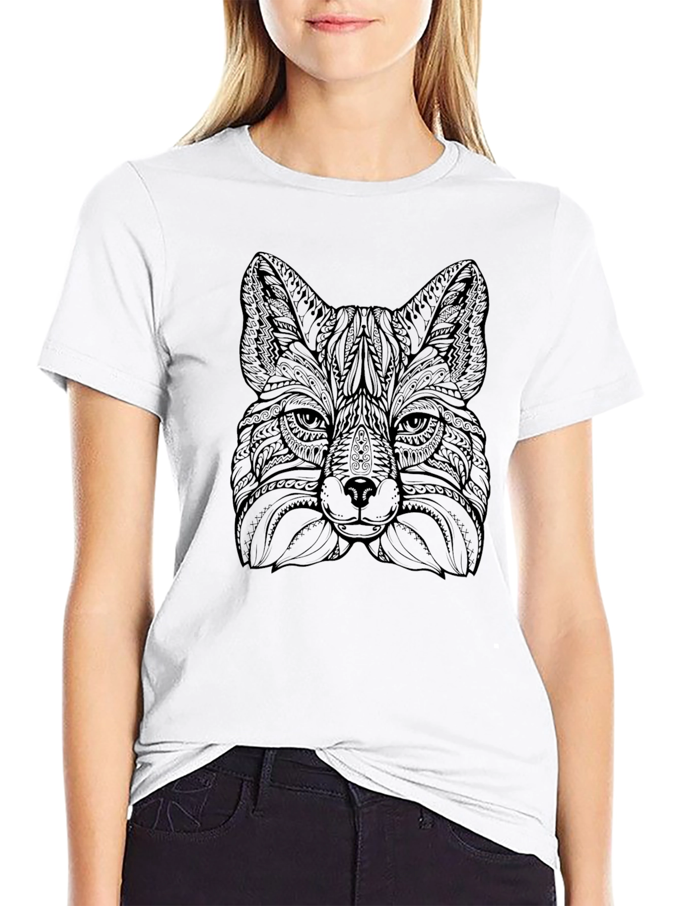 Black Intricate Fox Head Graphic Tee - Stylish Black T-Shirt view 9