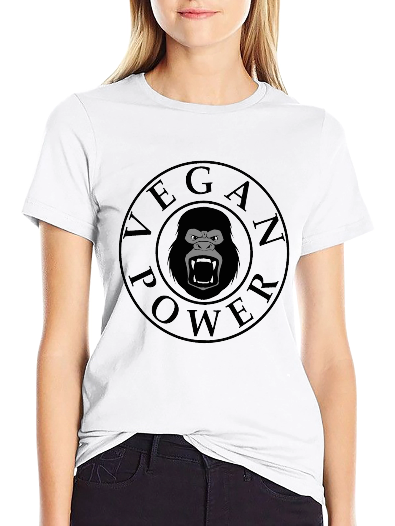 Black Vegan Power Gorilla T-Shirt - Black Crew Neck Tee view 9