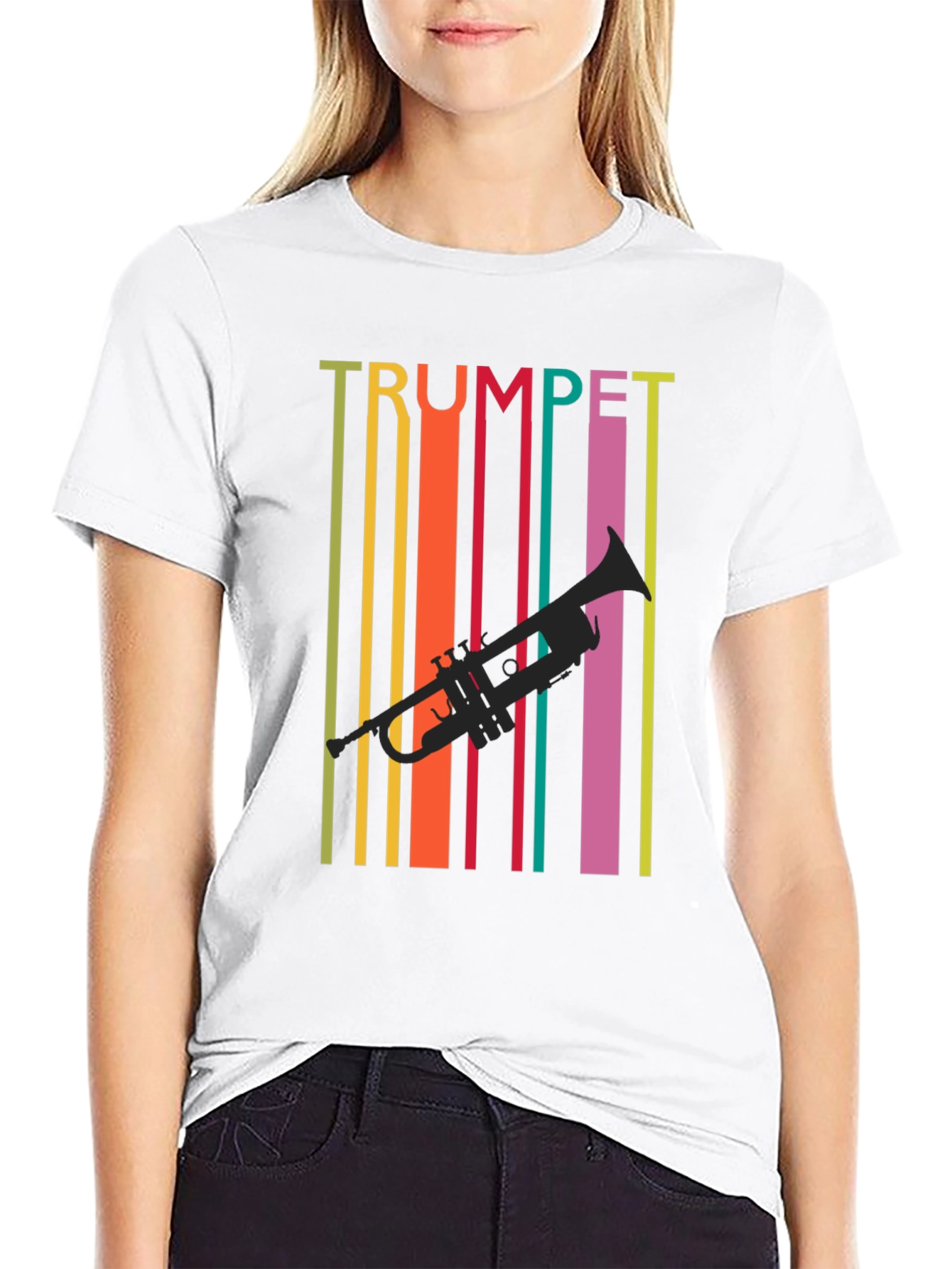 Black Retro Trumpet Graphic Tee - Colorful Music Lover T-Shirt view 9