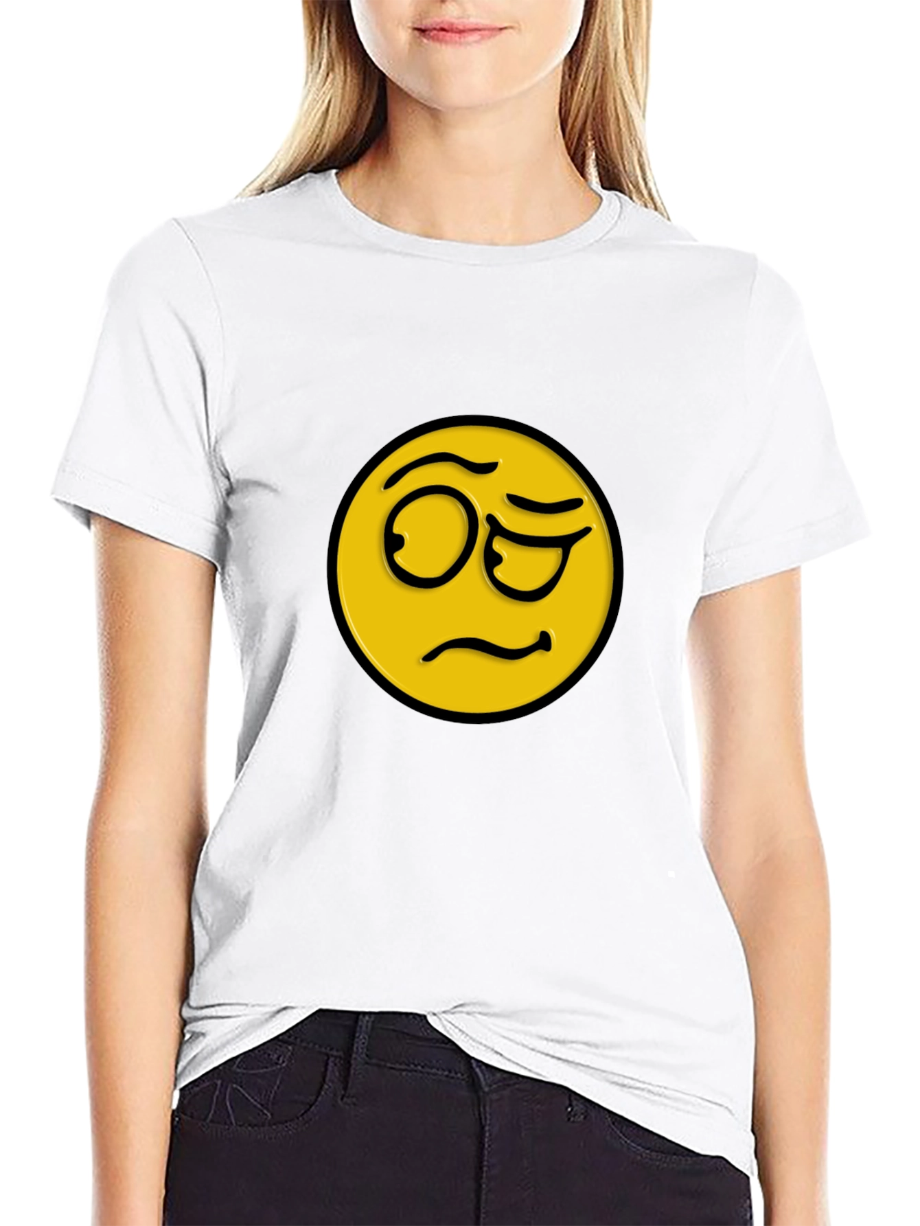 Black Skeptical Emoji Black Cotton T-Shirt view 9