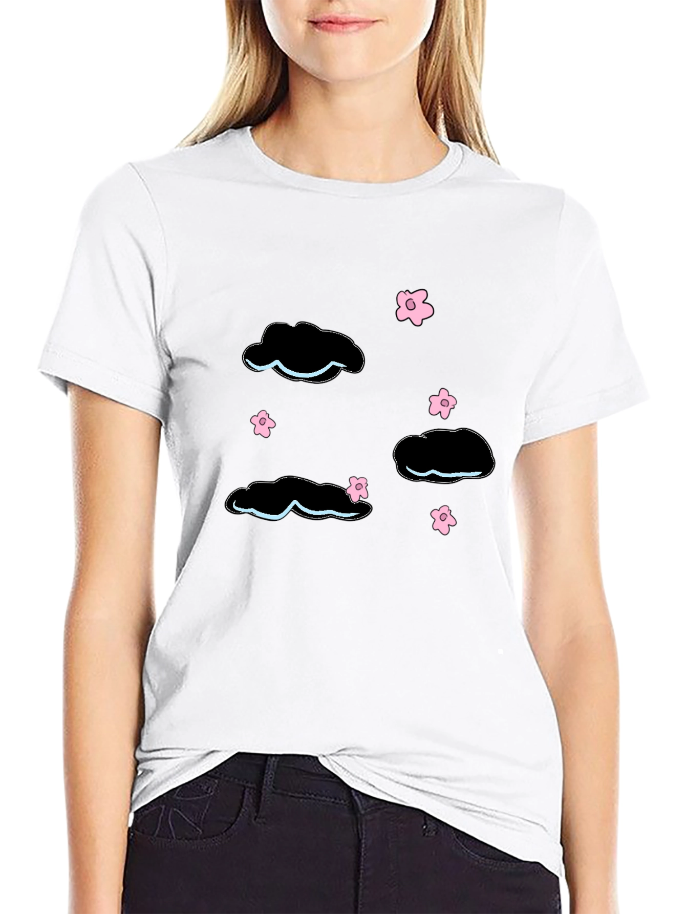 Black Whimsical Cloud & Blossom Graphic Black T-Shirt view 9