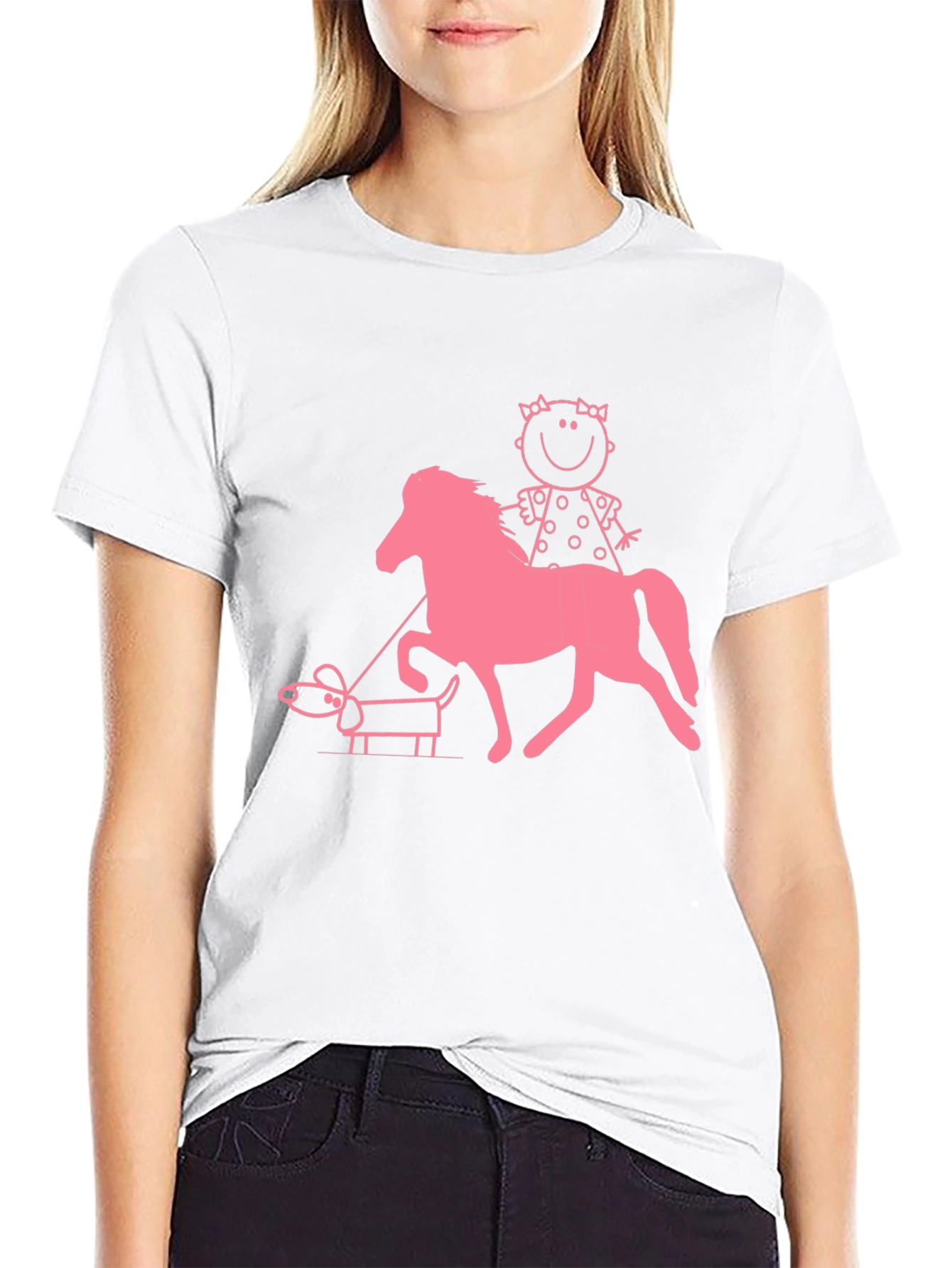 Black Playful Graphic Tee - Girl, Horse, and Dog Design view 9